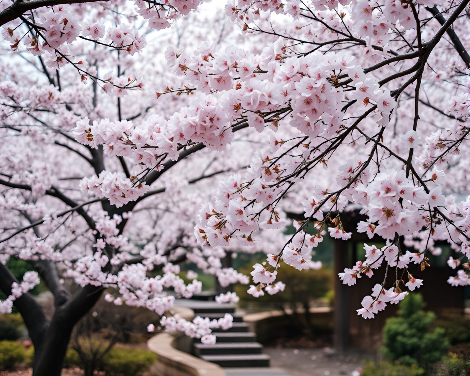 Captivating cherry blossoms in full bloom in serene Japanese garden