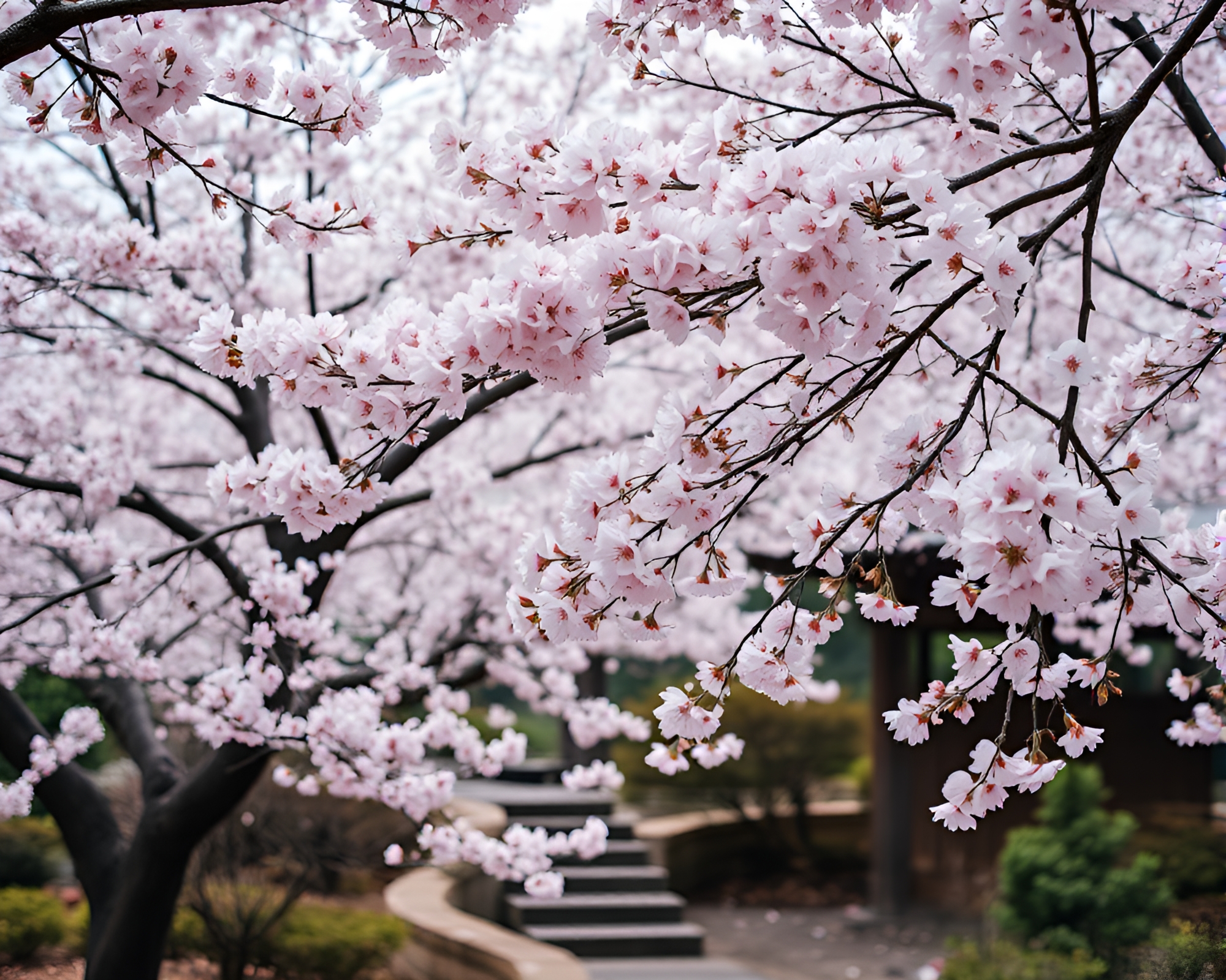 Ethereal Cherry Blossoms in Tranquil Japanese Garden – free AI stock image