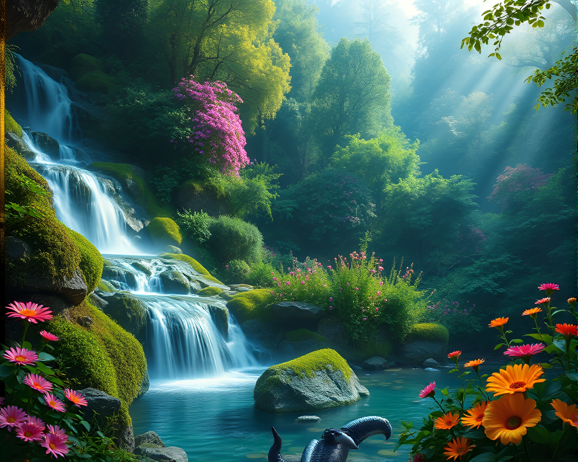 Enchanted Forest Waterfall Tranquility – free AI stock image