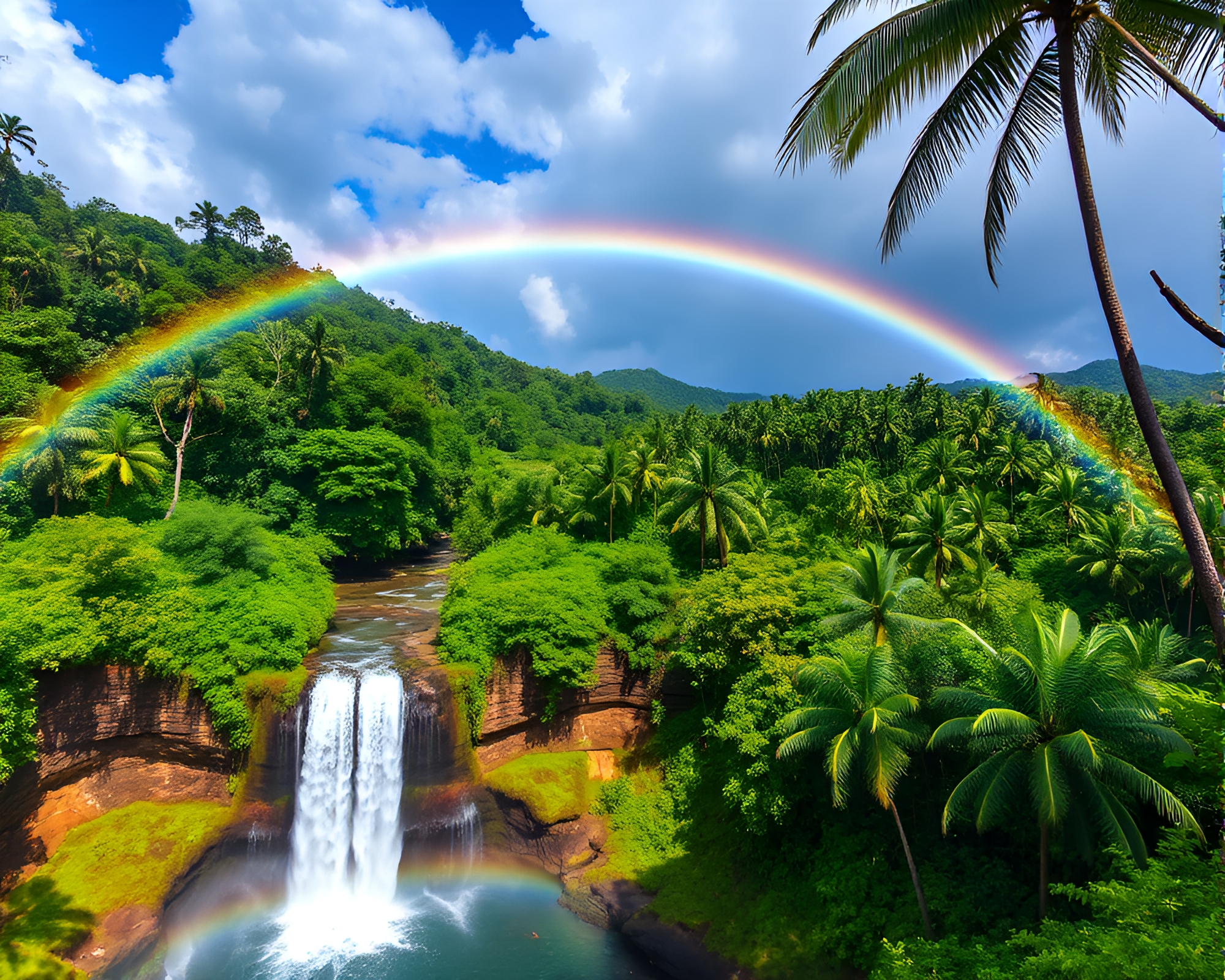 Majestic Rainbow Over Waterfall in Tropical Paradise – free AI stock image