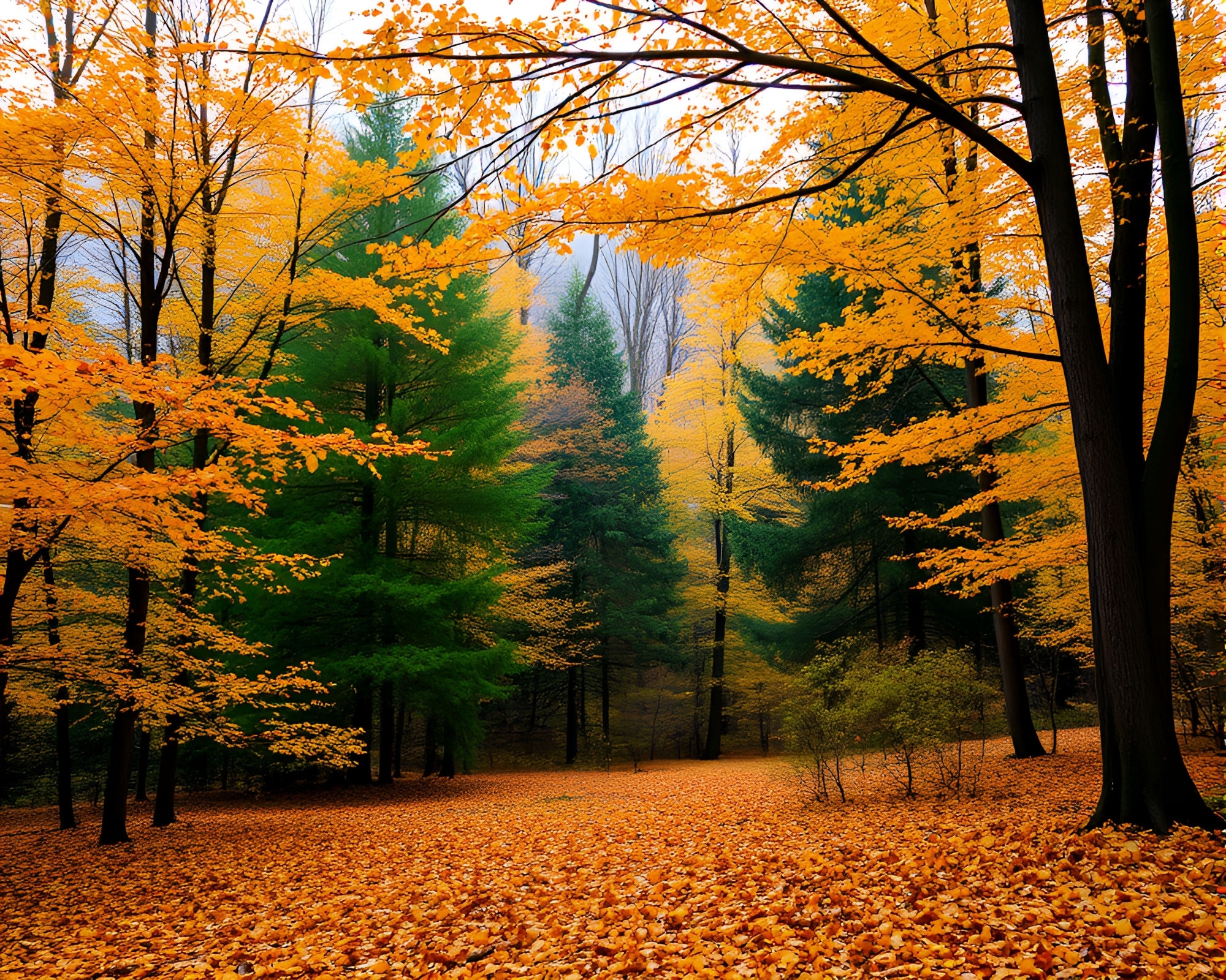 Serene Autumn Forest with Golden Leaves – free AI stock image