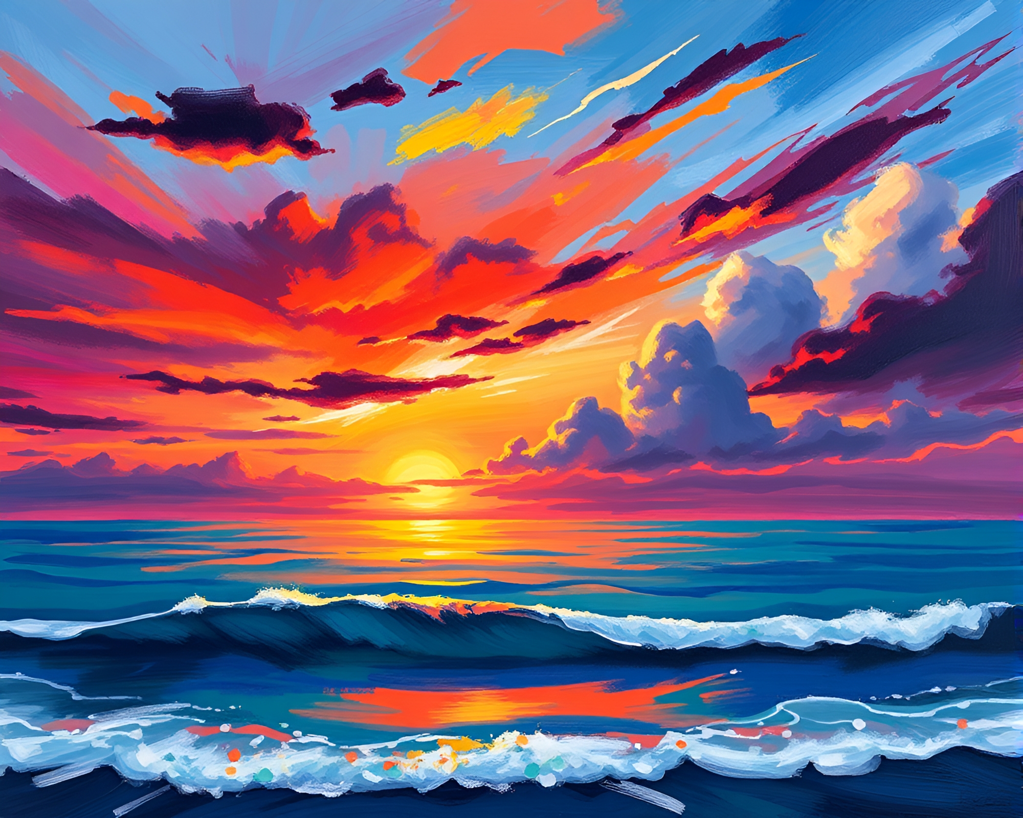 Vibrant Sunset Painting with Ocean Detail – free AI stock image