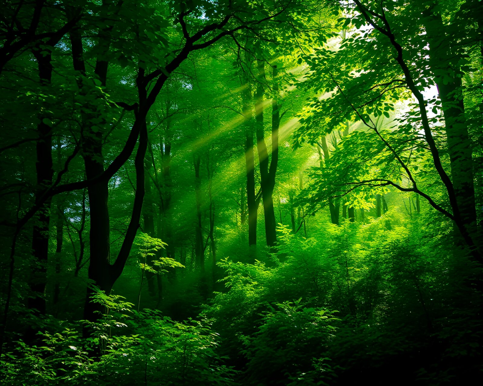 Sunlight illuminates lush green forest with magical atmosphere