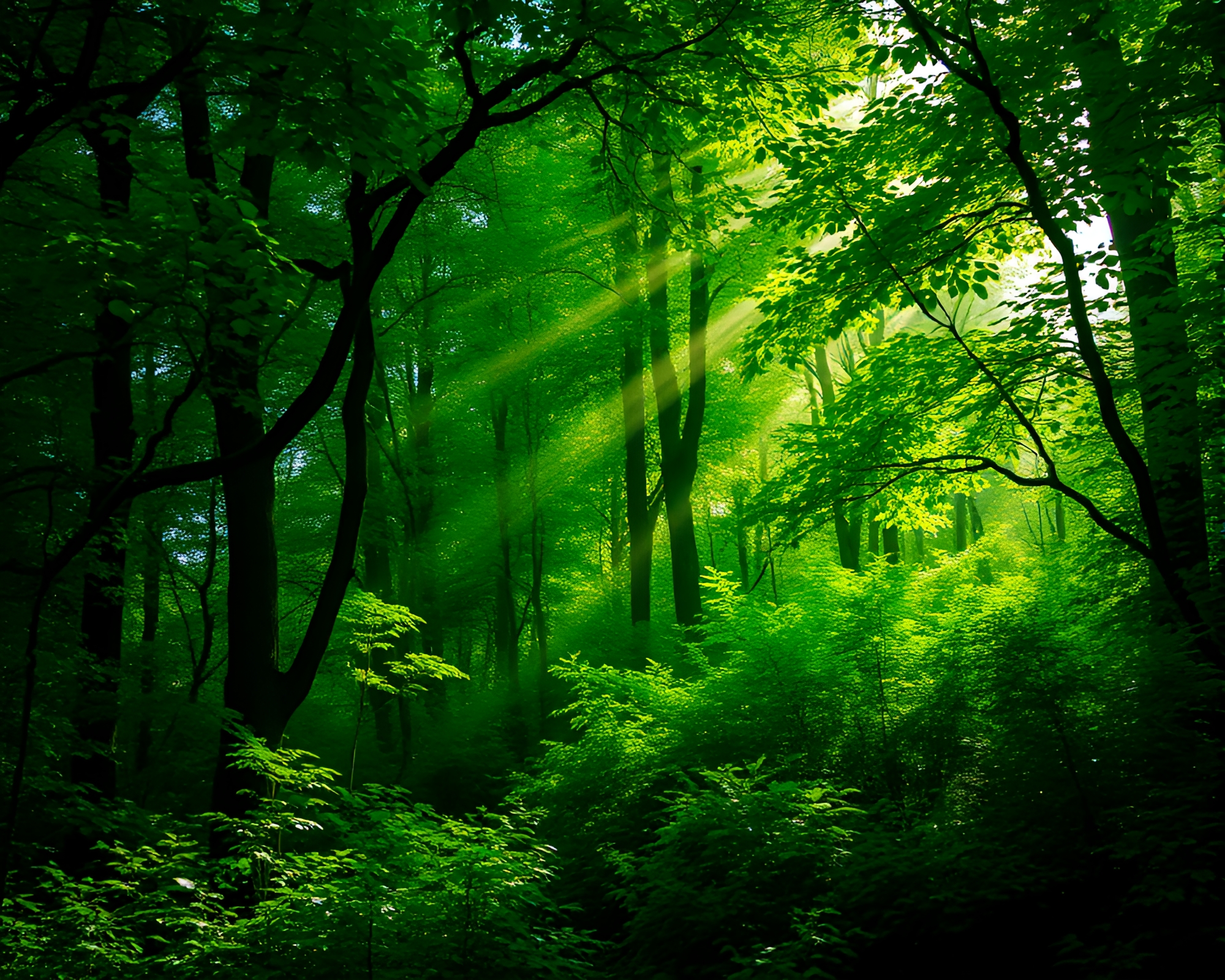 Enchanted Forest with Sunlight Streaming Through Canopy – free AI stock image