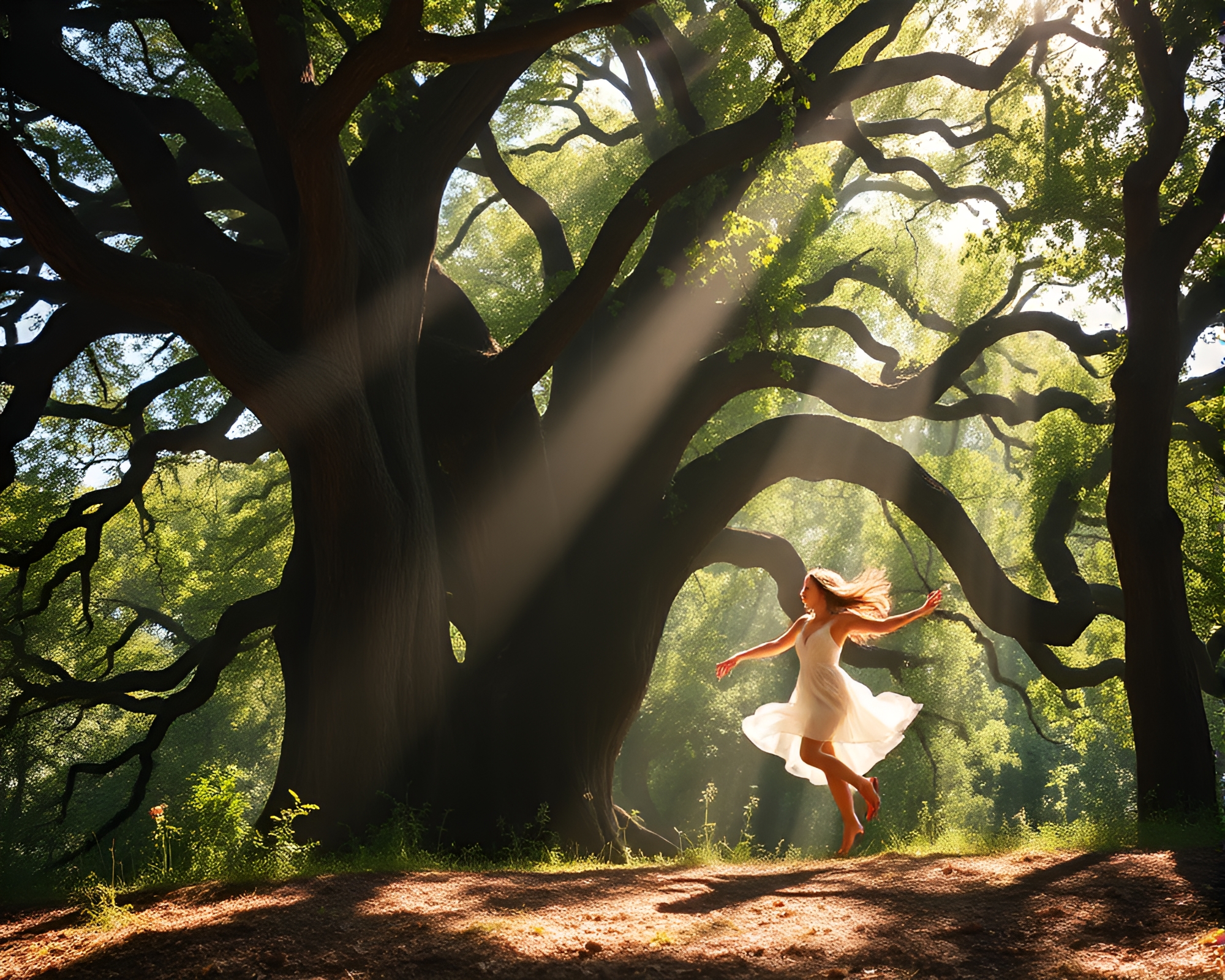 Ethereal Forest Nymph Dances Among Ancient Oaks – free AI stock image