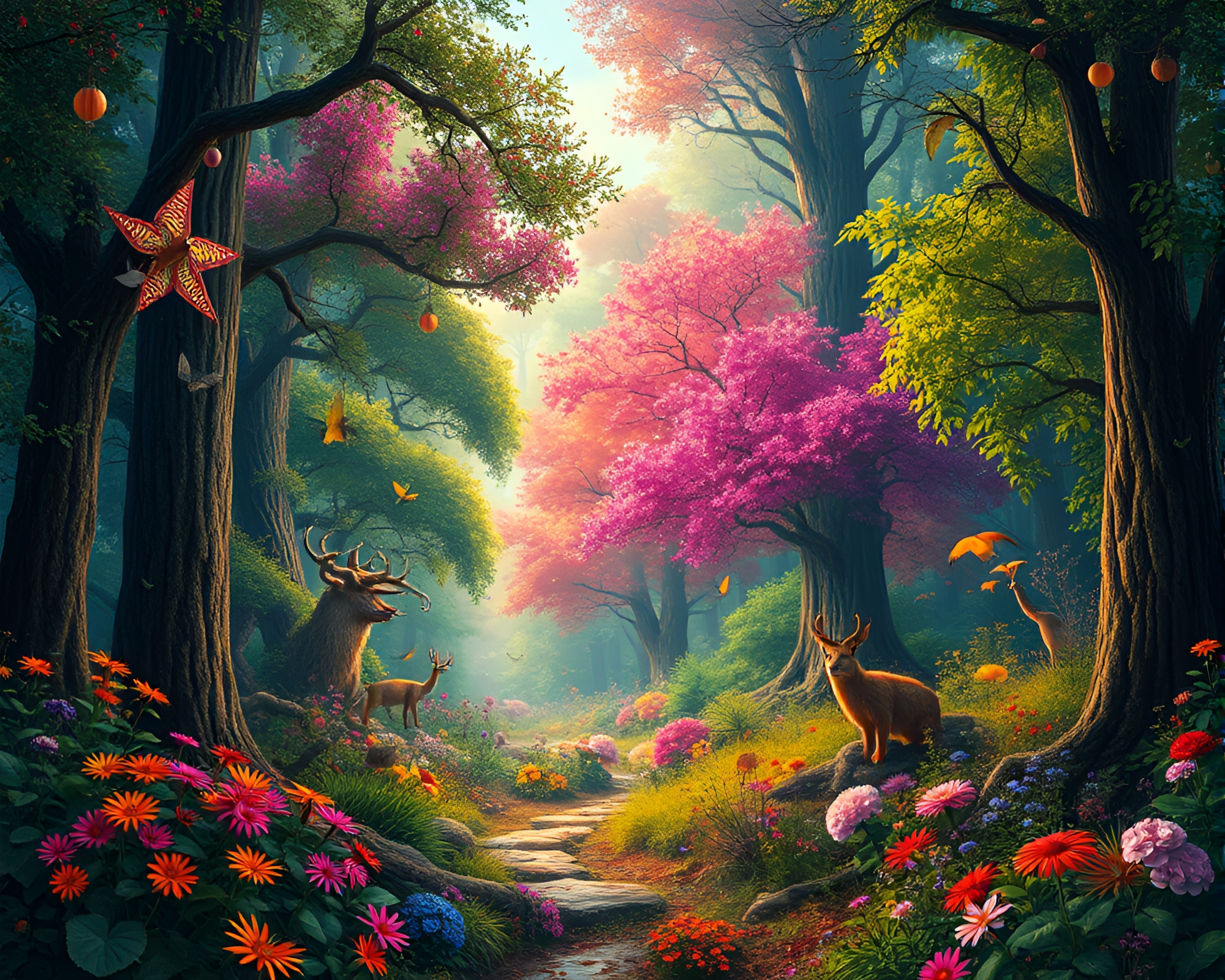 Enchanted Forest Bursting with Nature’s Colors – free AI stock image