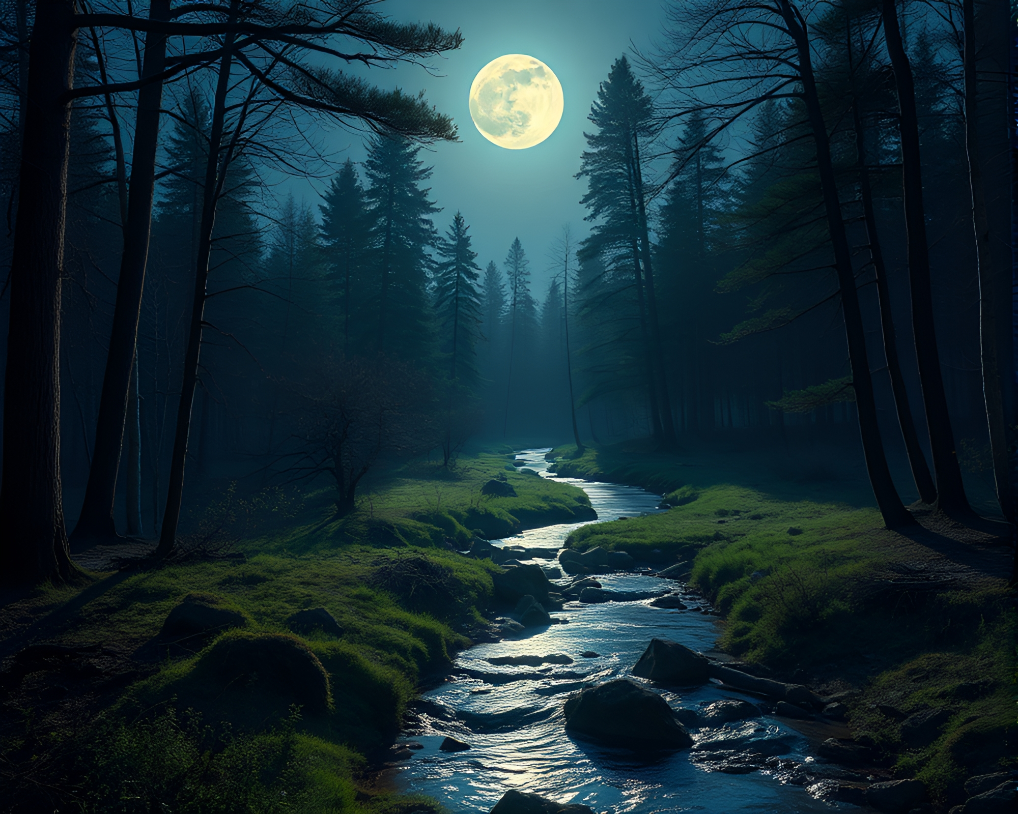Mystical Forest with Moonlit Clearing and Tranquil Stream – free AI stock image