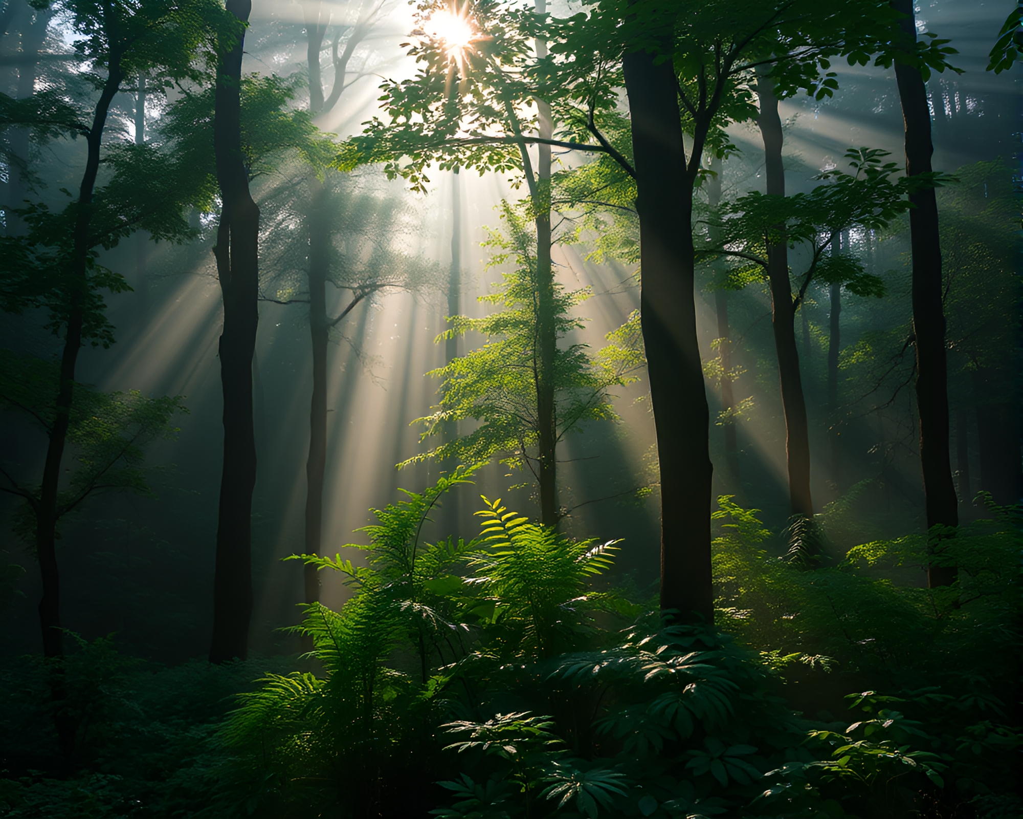 Misty Forest Morning Glow – free AI stock image