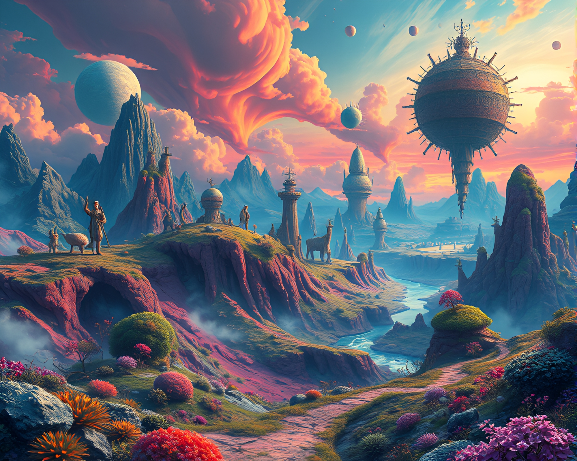 Vibrant Fantasy Landscape with Surreal Elements – free AI stock image