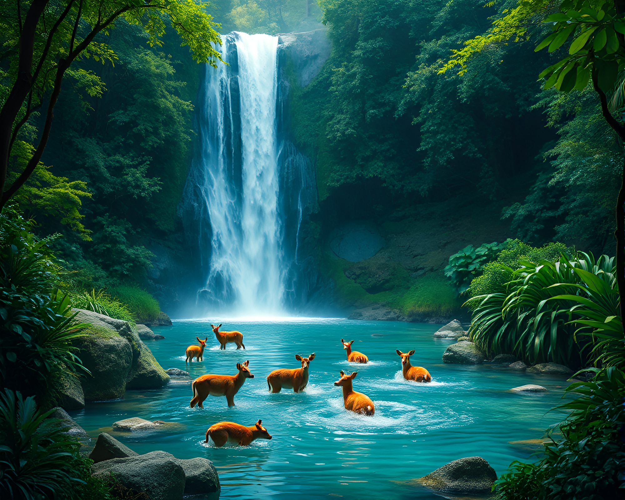 Enchanted Waterfall Hideaway with Animal Friends – free AI stock image