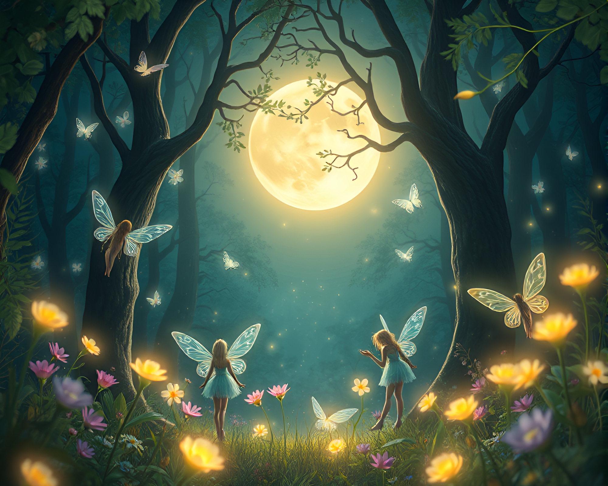 Enchanted Forest Fairy Gathering Under Moonlight – free AI stock image