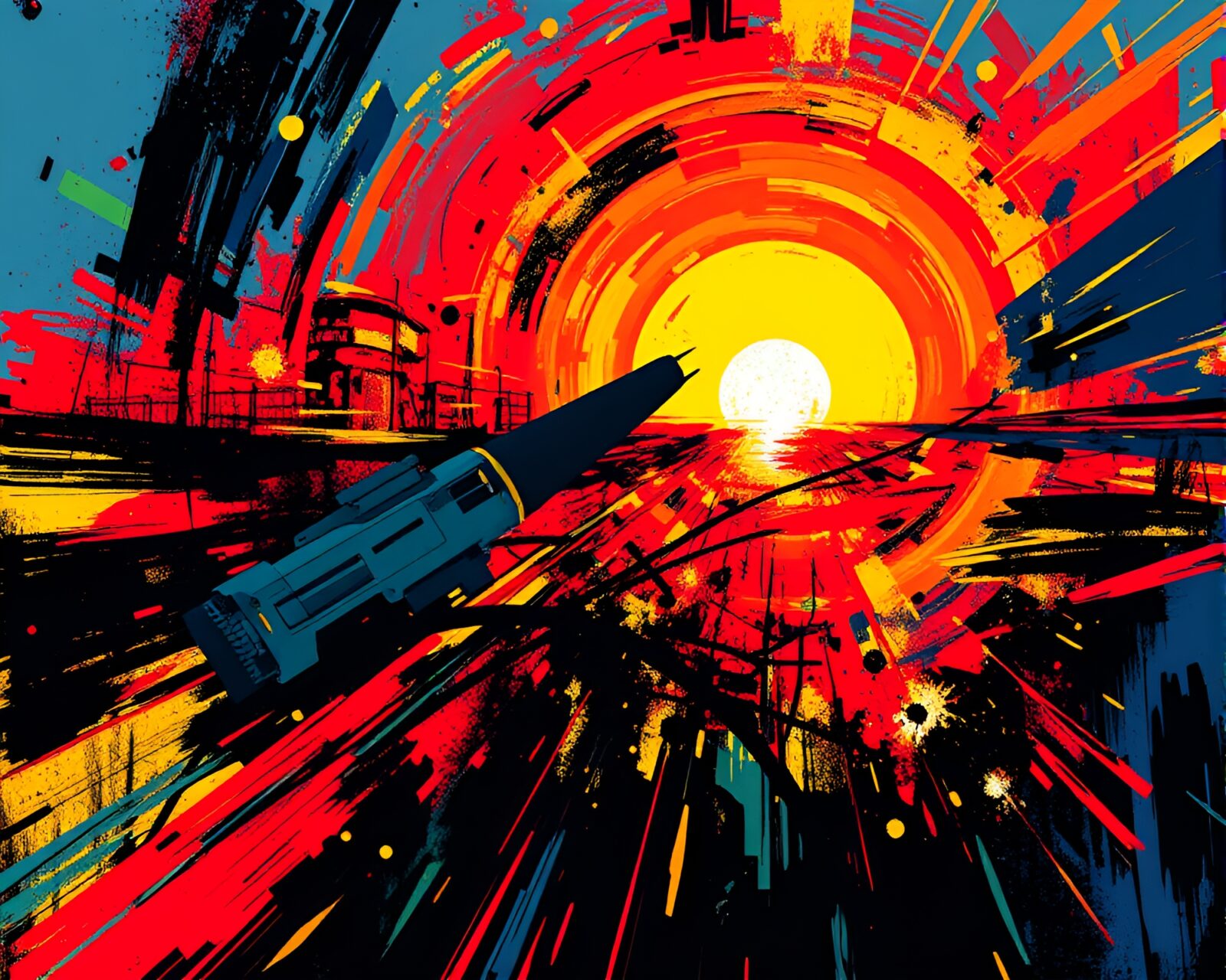 Colorful abstract artwork featuring vibrant sunset in dynamic composition
