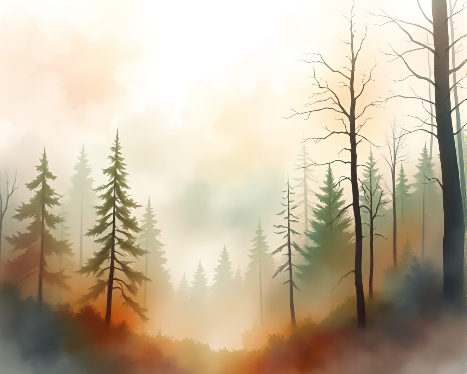 Misty forest scene with soft colors and dreamy atmosphere