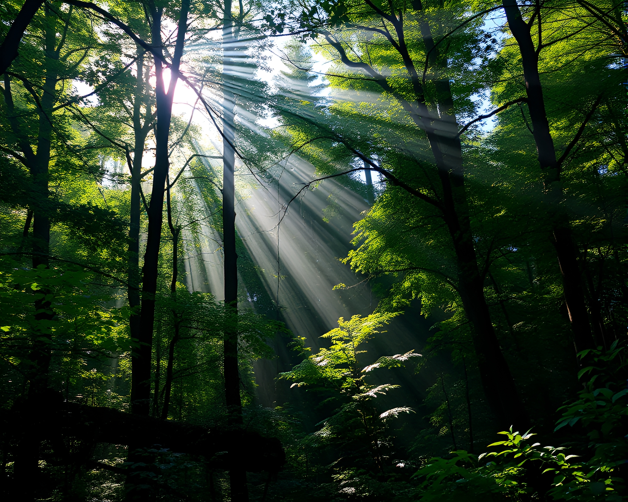 Enchanting Forest with Sunlight Peeking Through Trees – free AI stock image