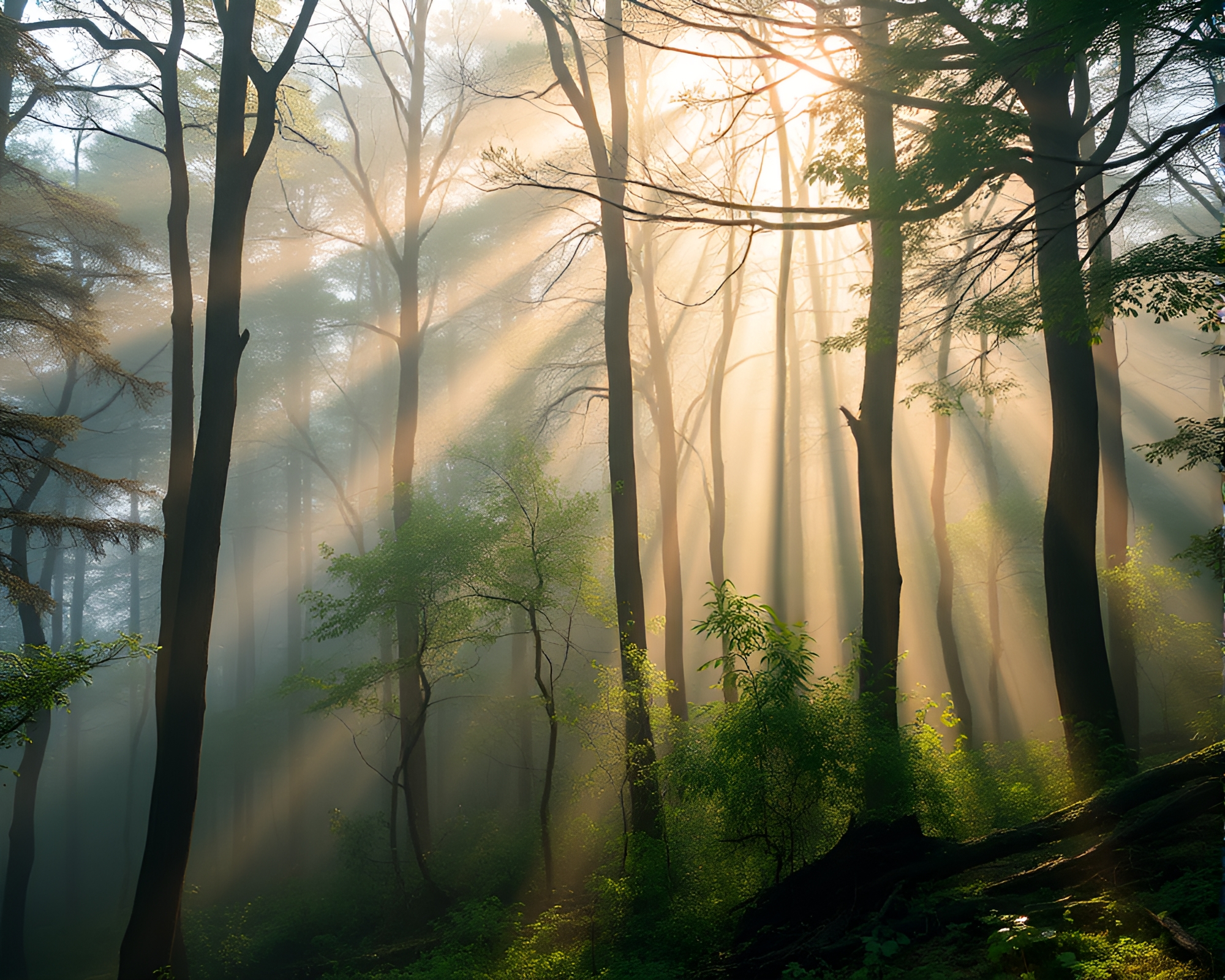 Enchanting Forest in Misty Morning Light – free AI stock image