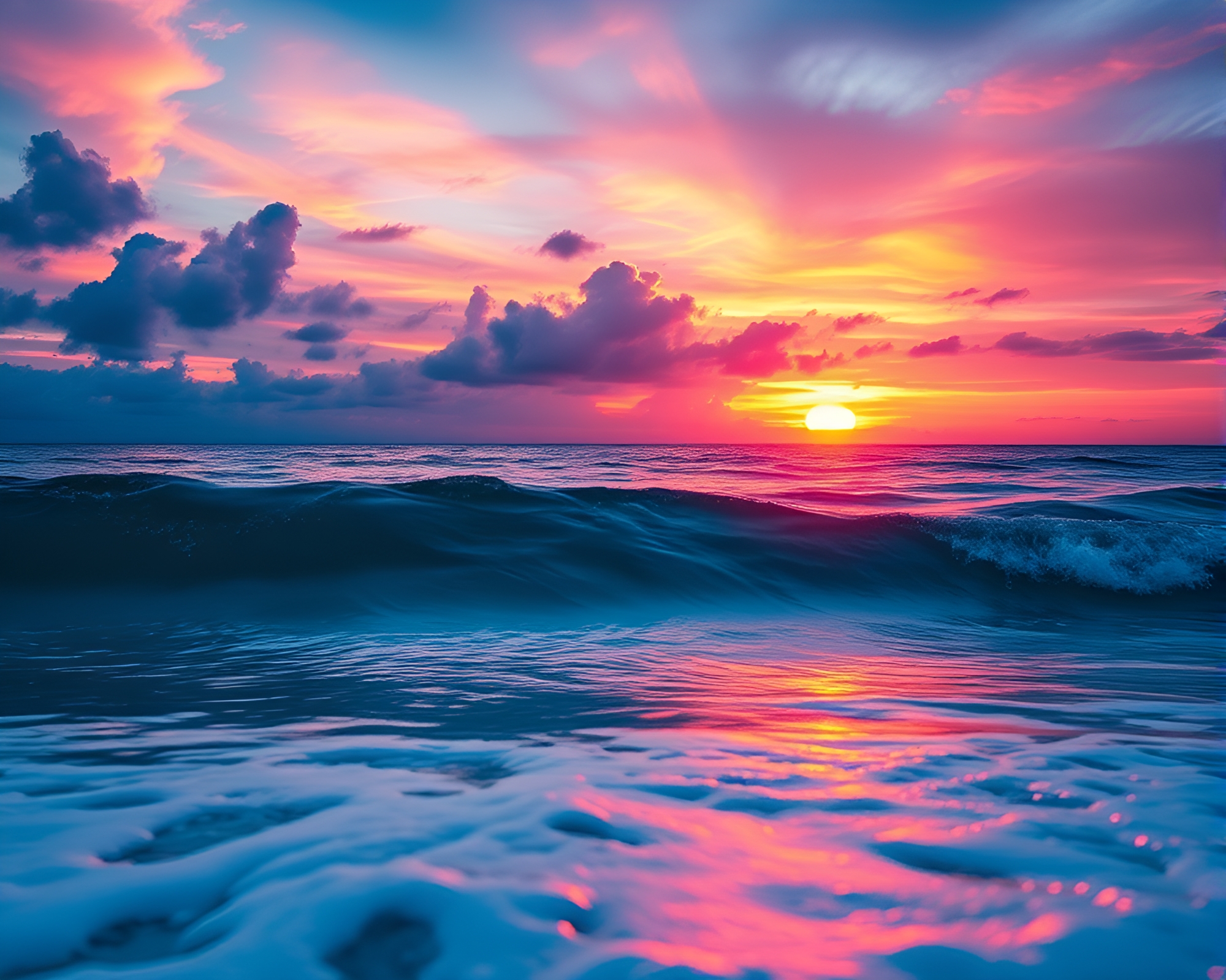 Vibrant Sunset Painting Ocean Waves Scene – free AI stock image