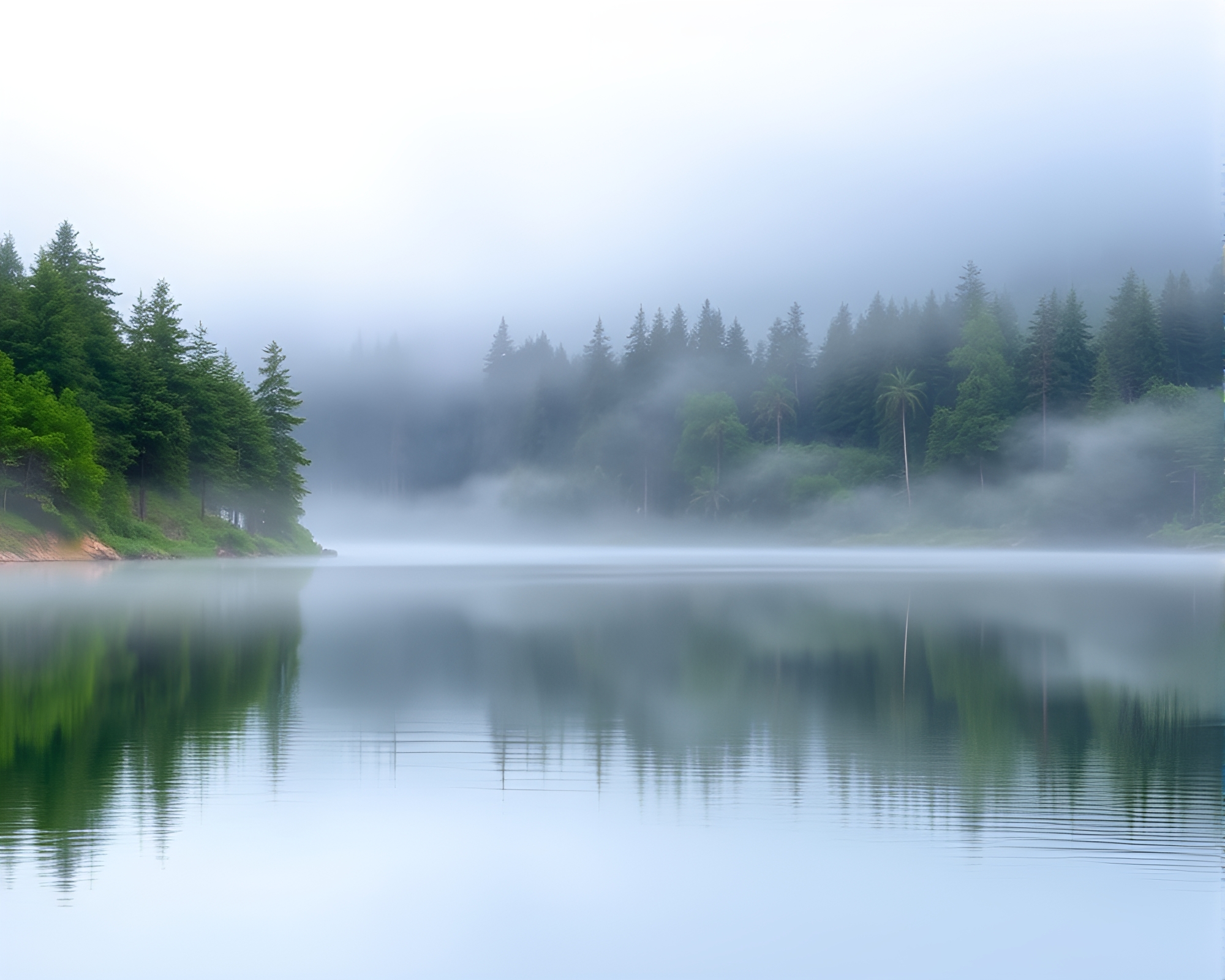 Ethereal Mist Over Tranquil Forest Lake – free AI stock image
