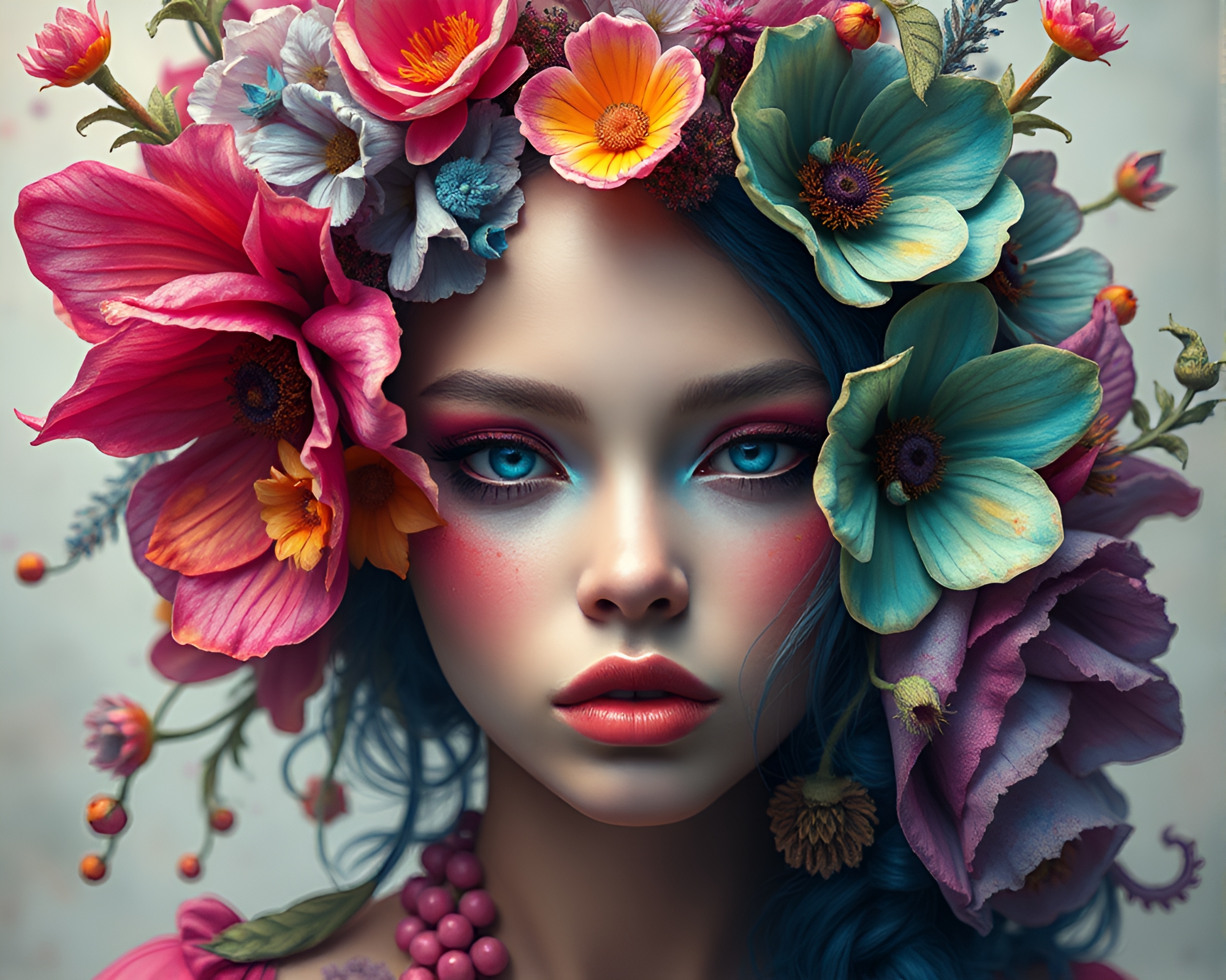 Vibrant Fantasy Portrait With Elaborate Floral Details – free AI stock image