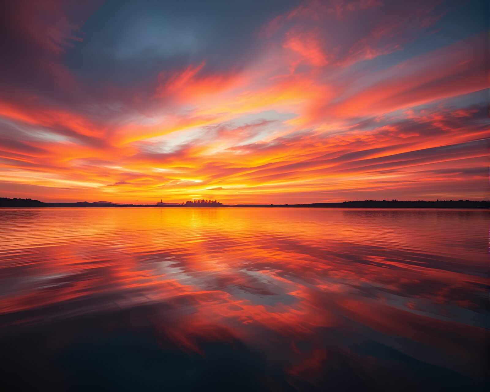 Sunset casting colorful hues on peaceful lake waters