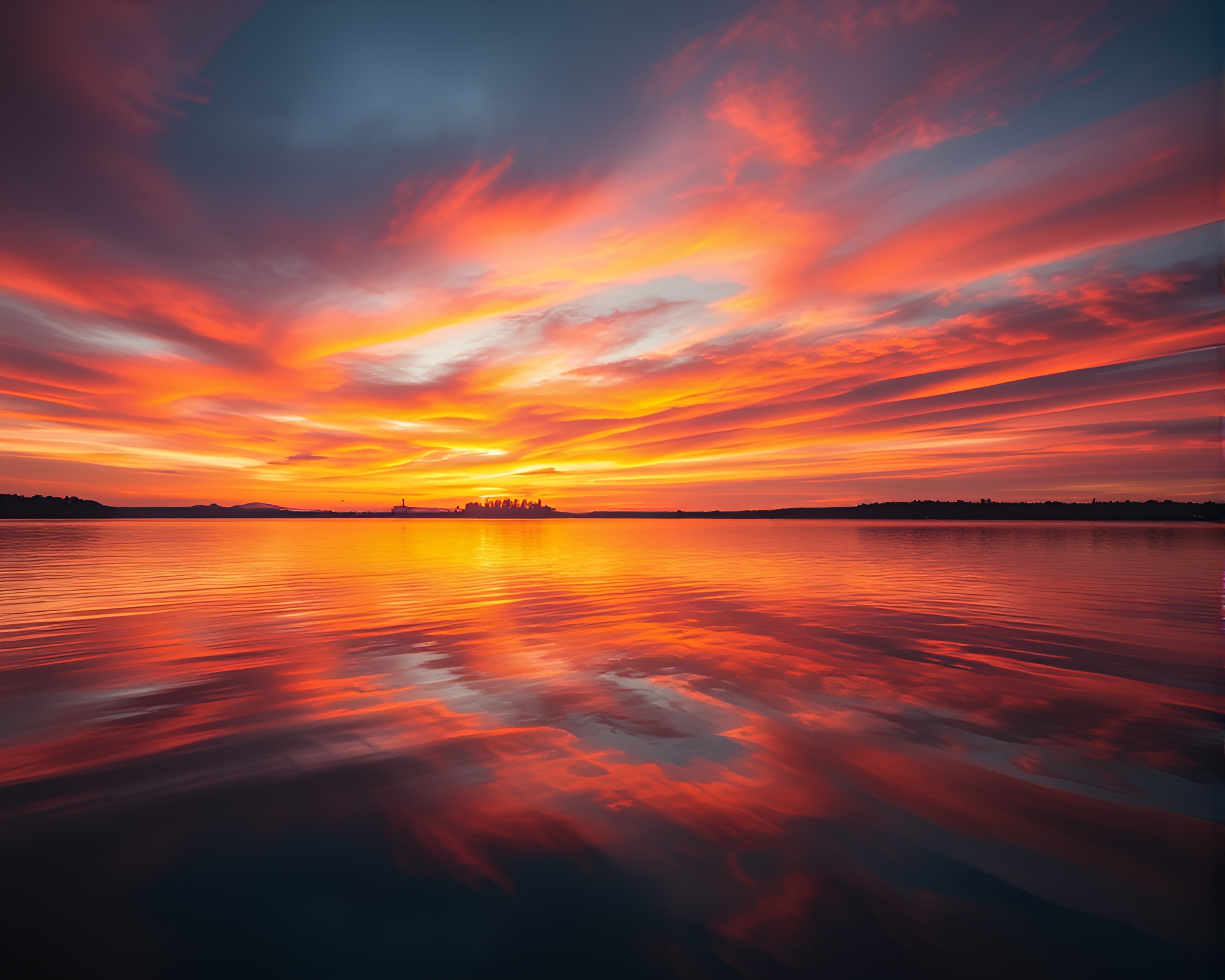Vibrant sunset reflecting on serene lake – free AI stock image