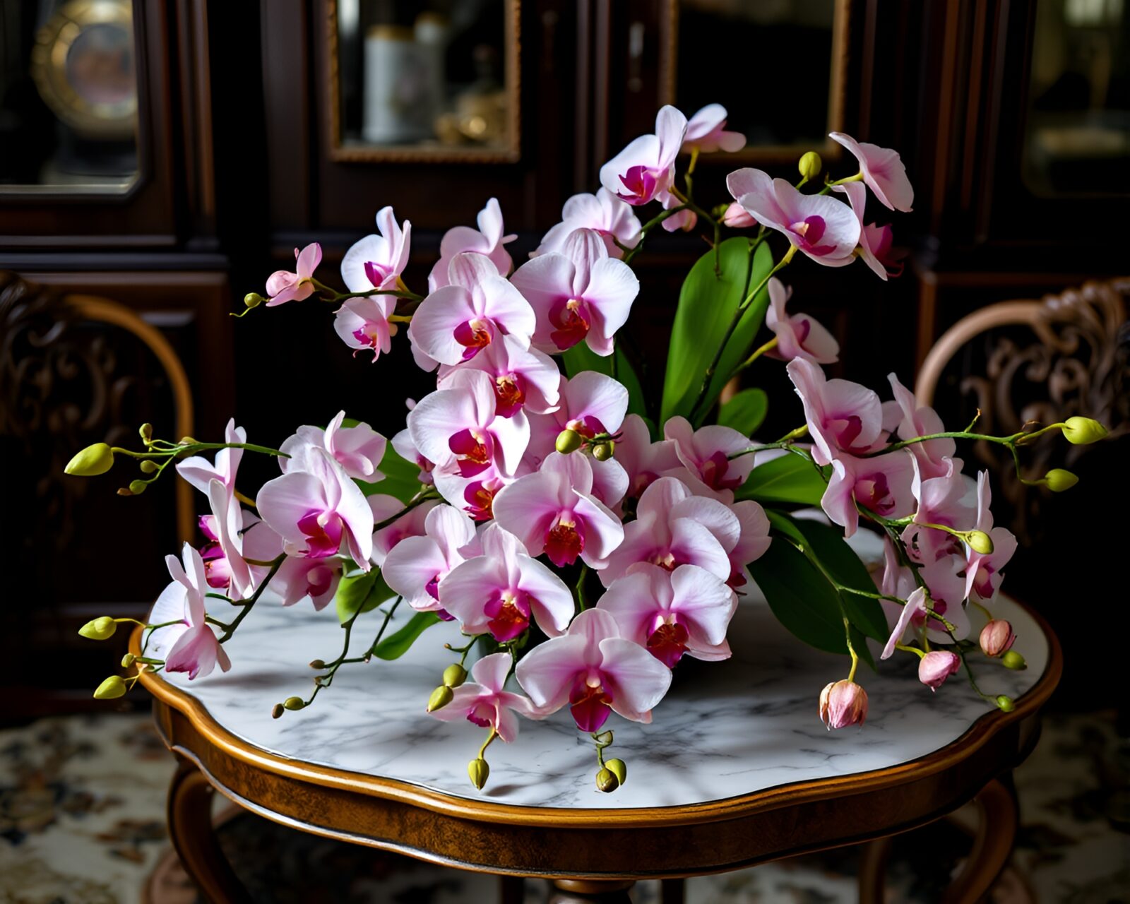 Beautiful orchid bouquet on ornate vintage table