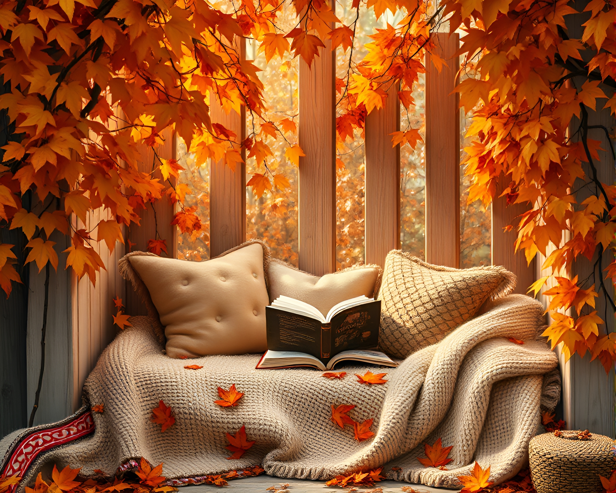 Cozy Autumnal Reading Nook Surrounded by Fall Foliage – free AI stock image