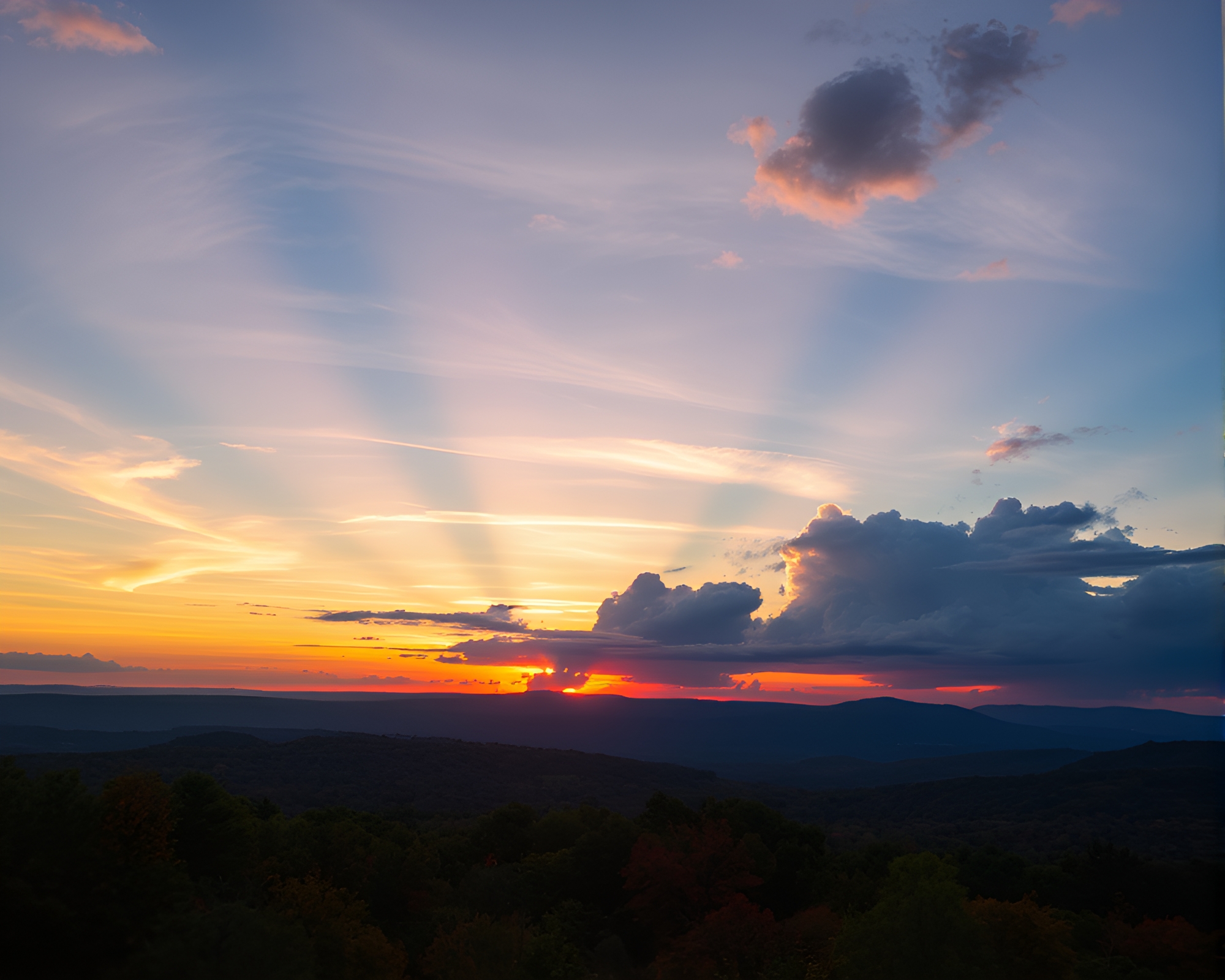 Enchanting Forest Sunset Scene – free AI stock image
