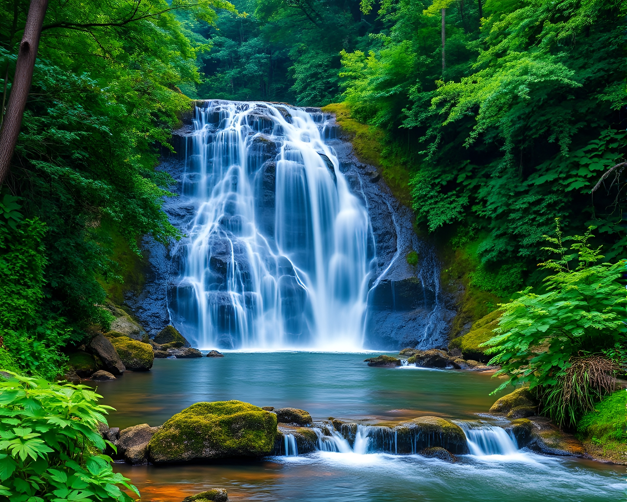 Serenity in Nature: Majestic Waterfall and Lush Greens – free AI stock image
