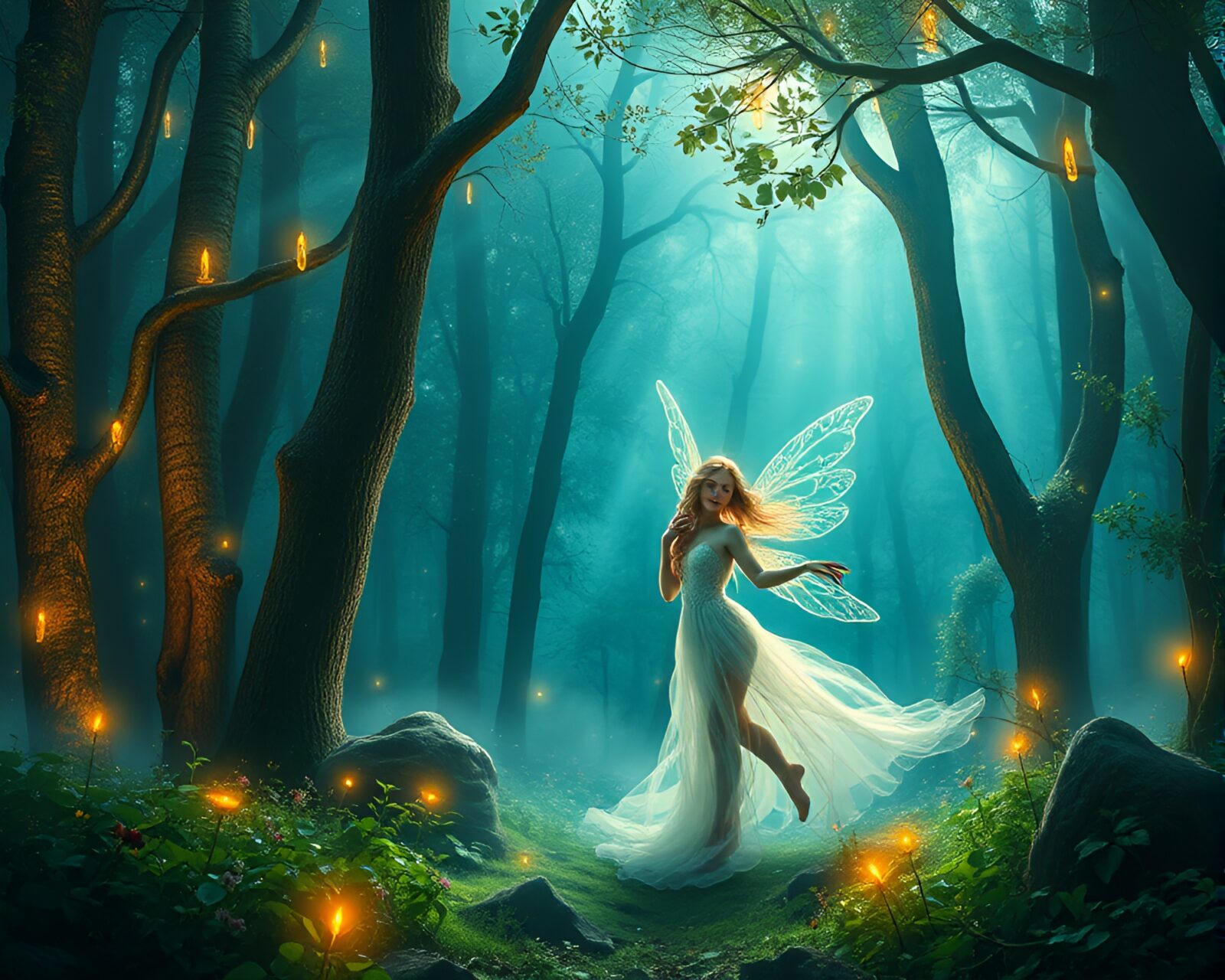 Mystical nymph surrounded by glowing trees in magical forest