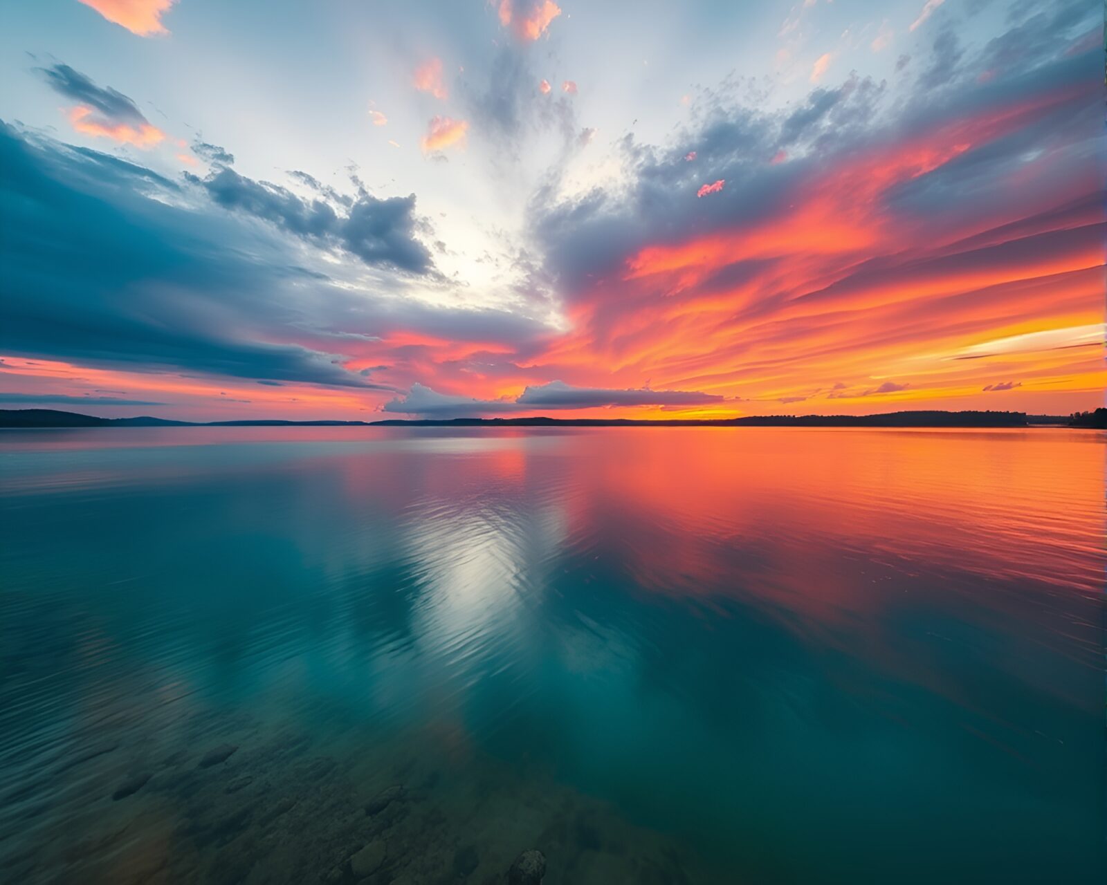 Vibrant orange and pink sunset reflecting on calm lake