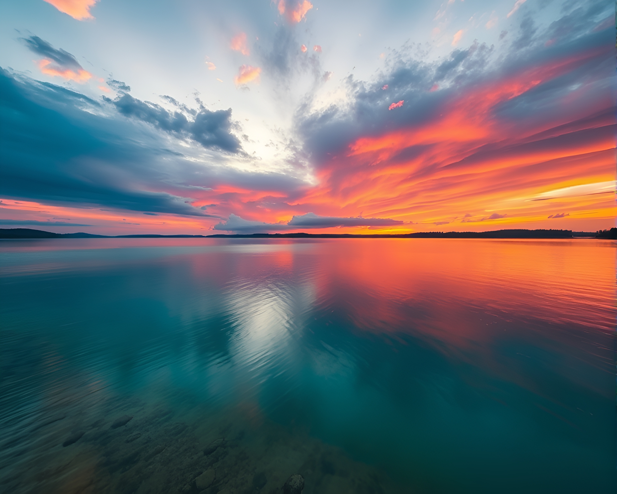 Majestic Sunset Over Tranquil Lake Landscape Photography – free AI stock image