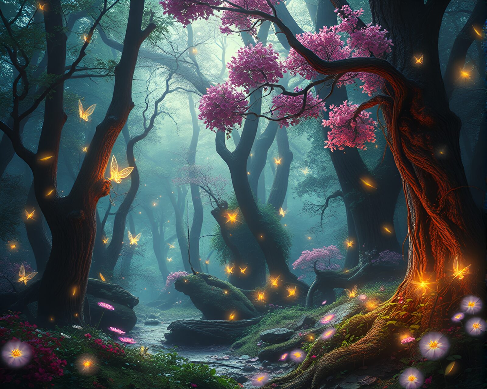 Dreamlike forest with glowing fairies and tranquil atmosphere