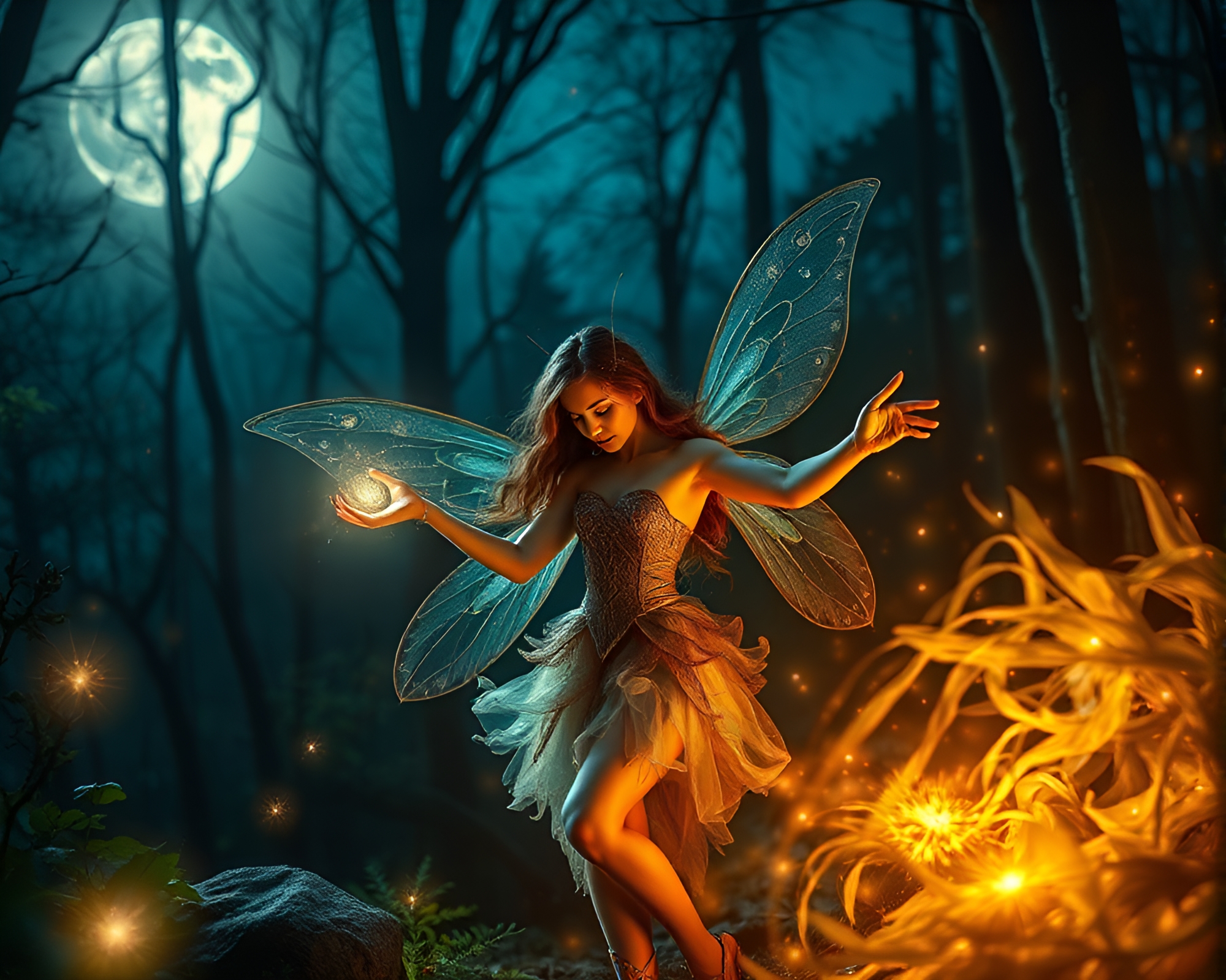 Mystical Forest Fairy Casting Enchanting Moonlit Spell – free AI stock image