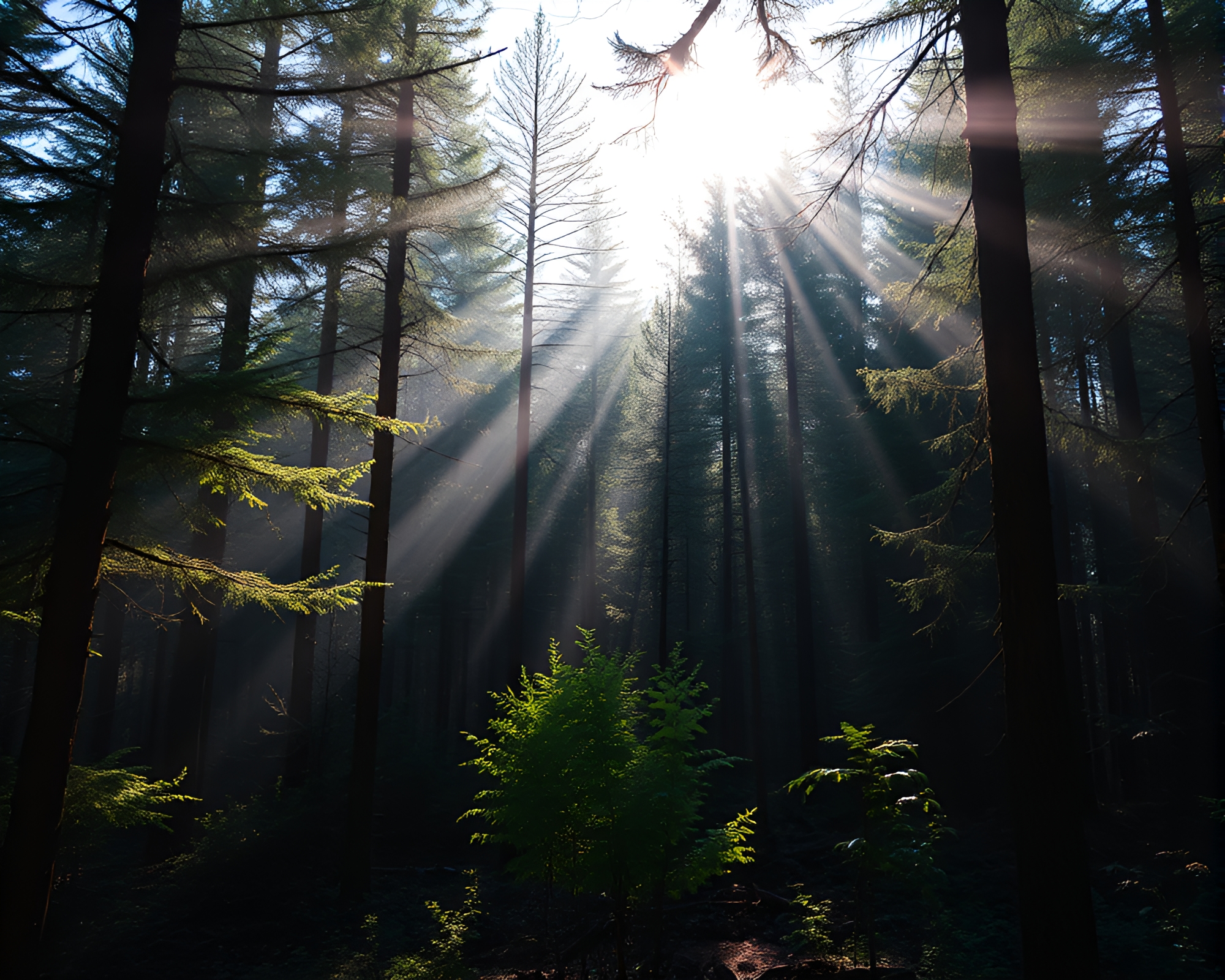 Majestic Forest Landscape with Sunlight Filtering Through Trees – free AI stock image