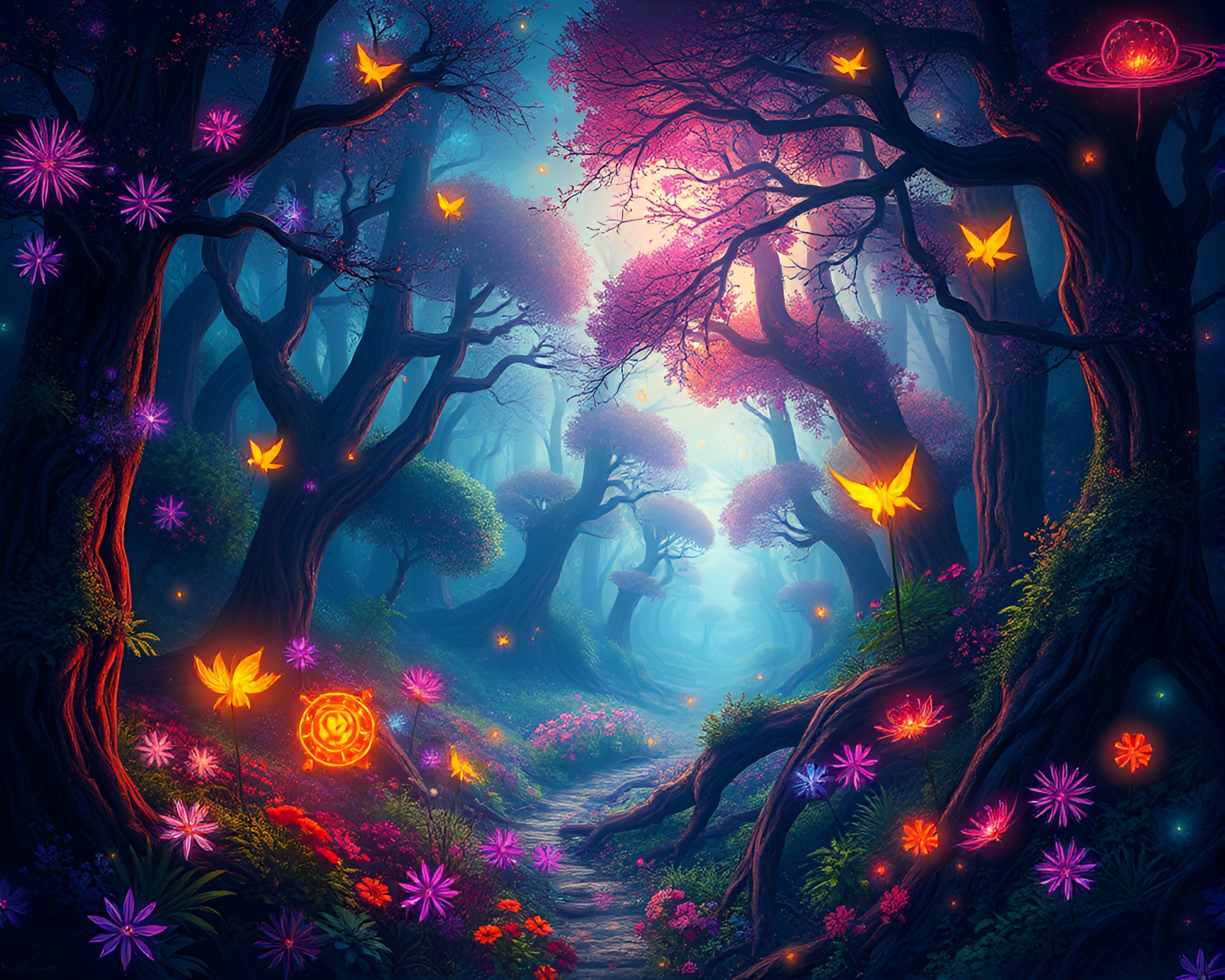 Vibrant forest Illustration with glowing fauna – free AI stock image