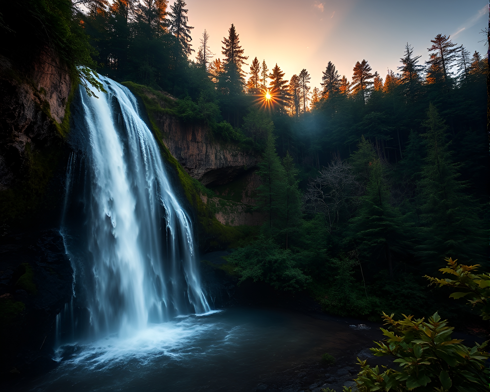 Luminous Waterfall Cascade in Enchanted Forest – free AI stock image