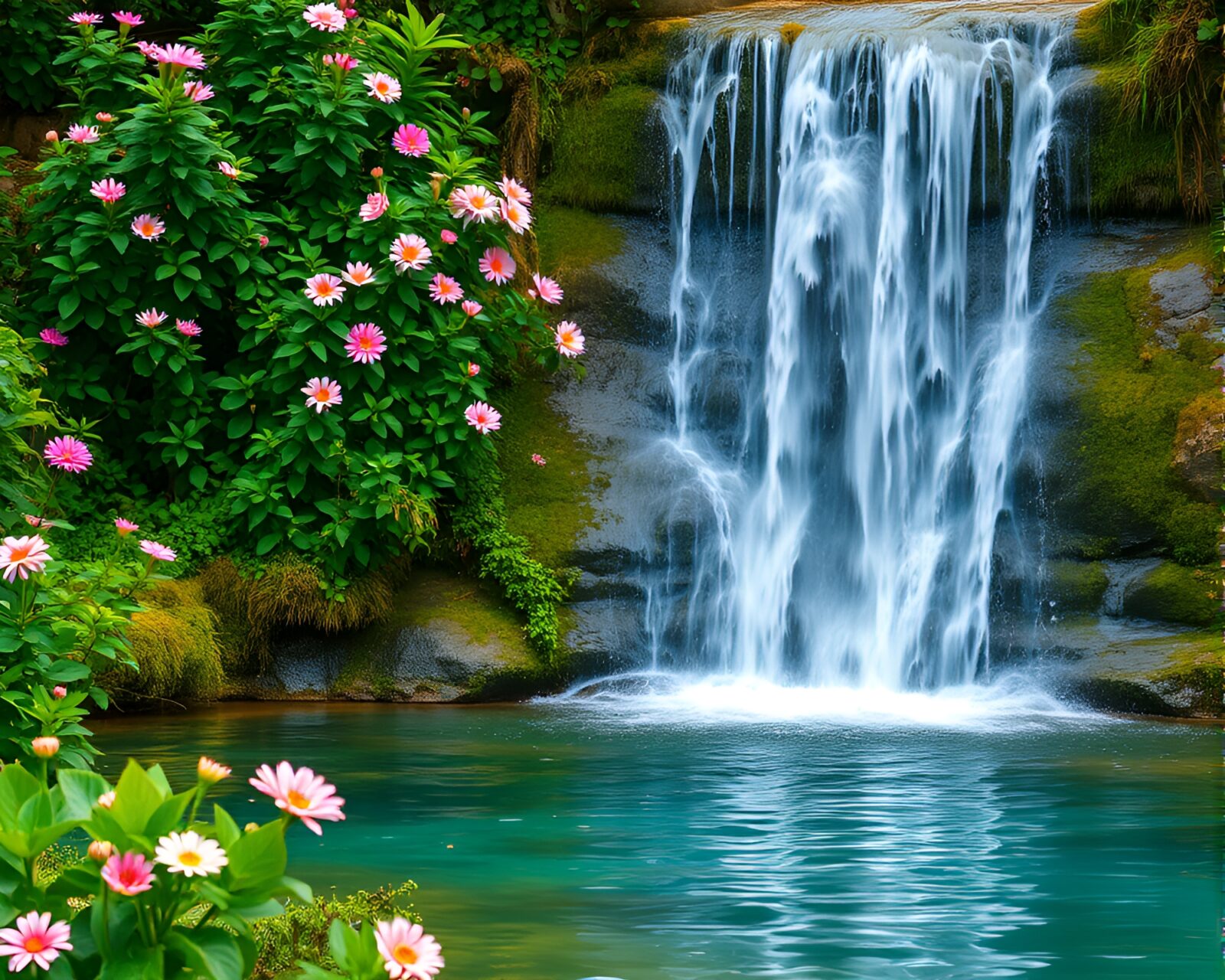 Tranquil waterfall surrounded by lush greenery and colorful flowers