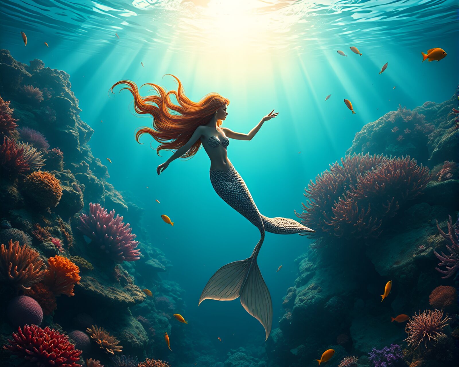 Oceanic scene with a beautiful mermaid amidst serene waters