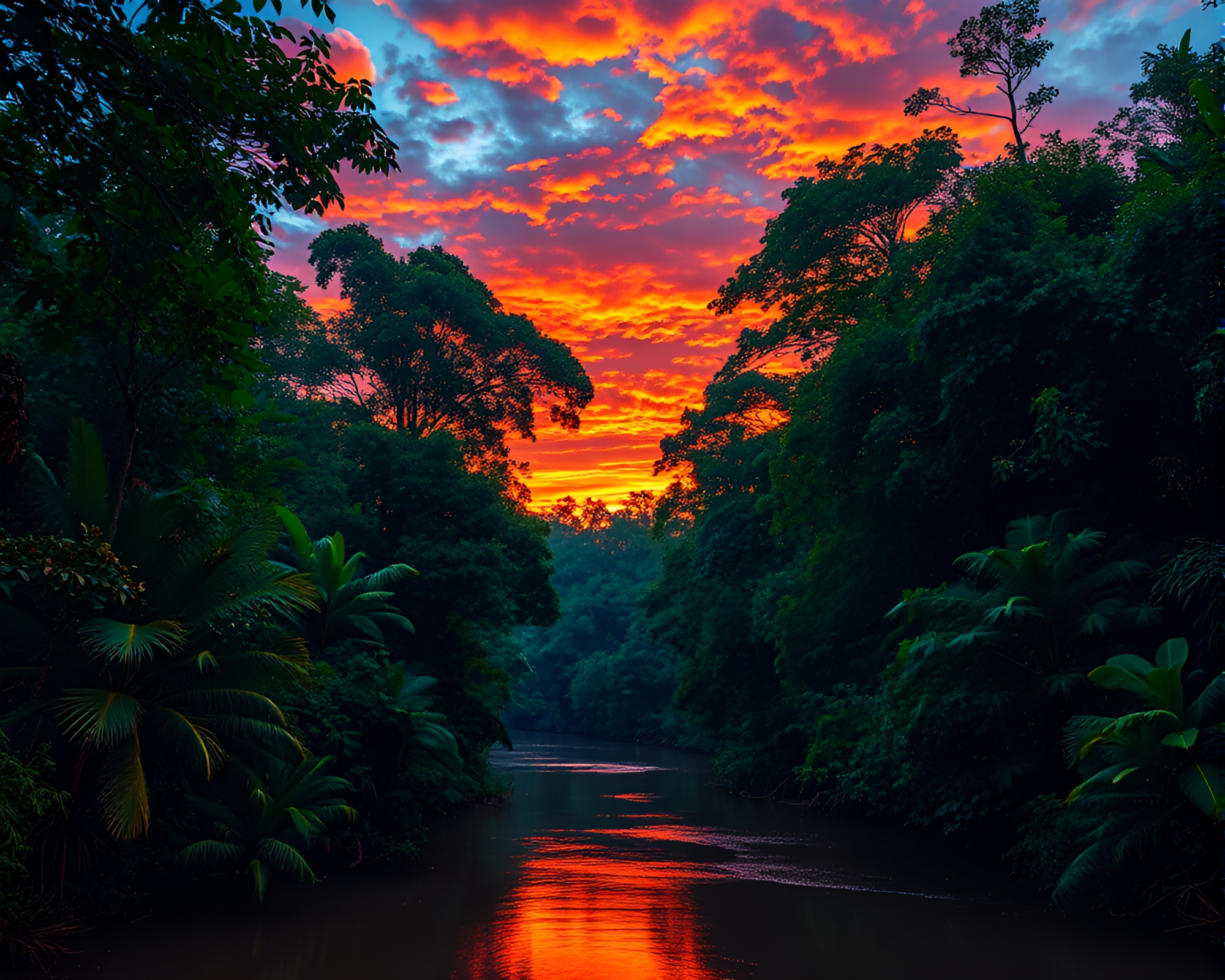 Vibrant Jungle Sunset Over River – free AI stock image
