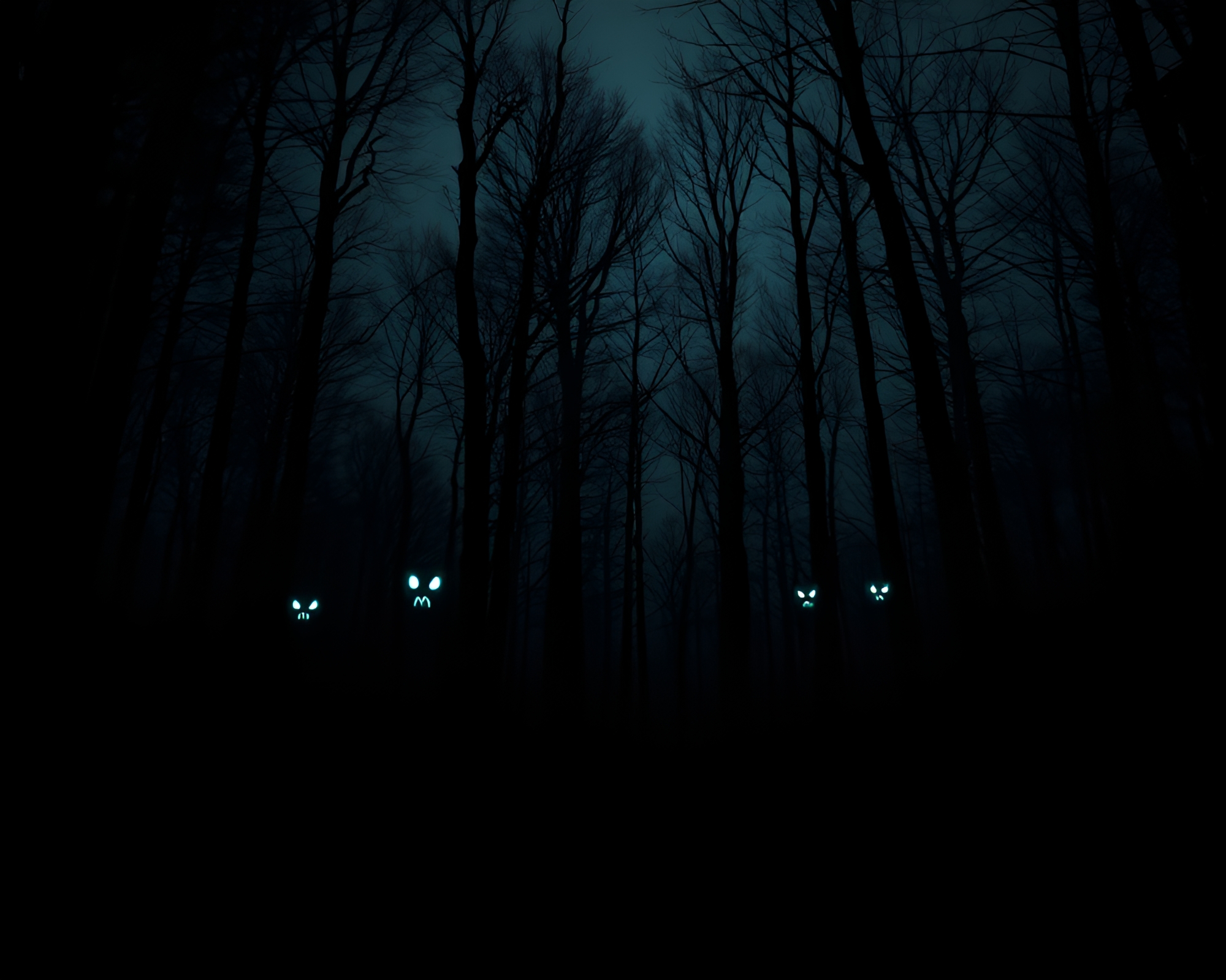 Dark Forest Night Scene with Glowing Eyes – free AI stock image
