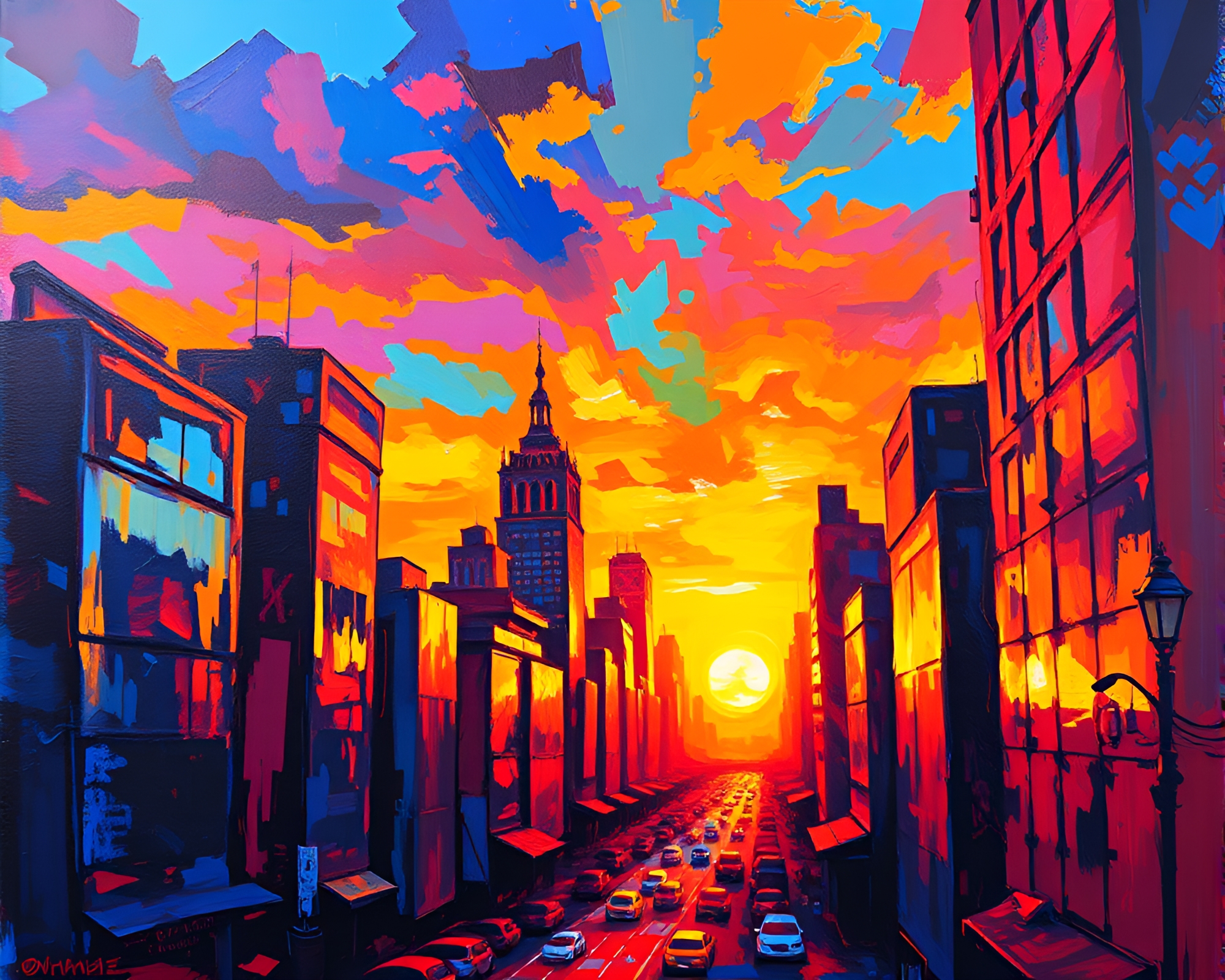 Dynamic Urban Sunset Artwork – free AI stock image