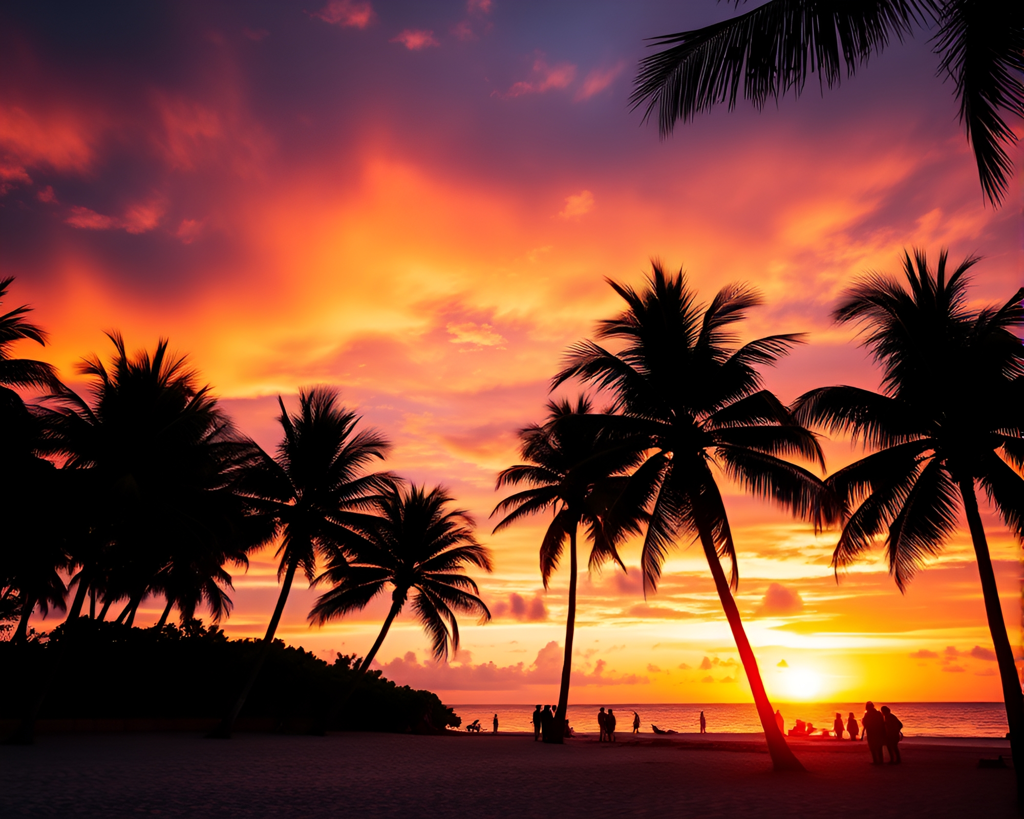 Vibrant Sunset Beach with Palm Trees and Silhouettes – free AI stock image