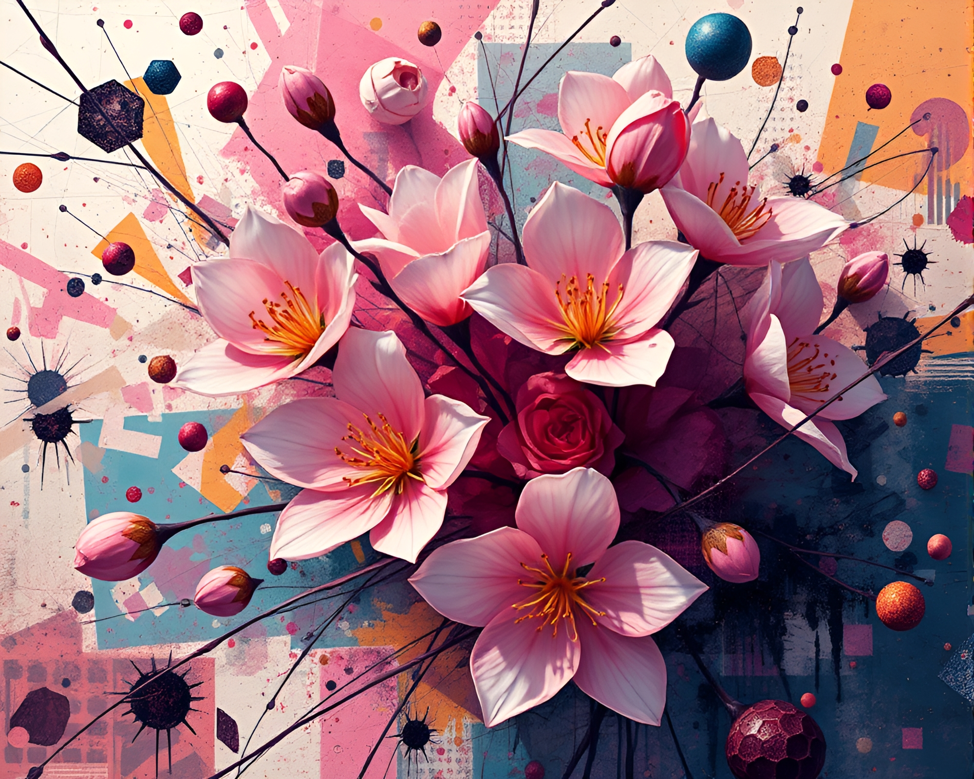 Enchanting Blossoms in Chaotic Abstract Composition – free AI stock image