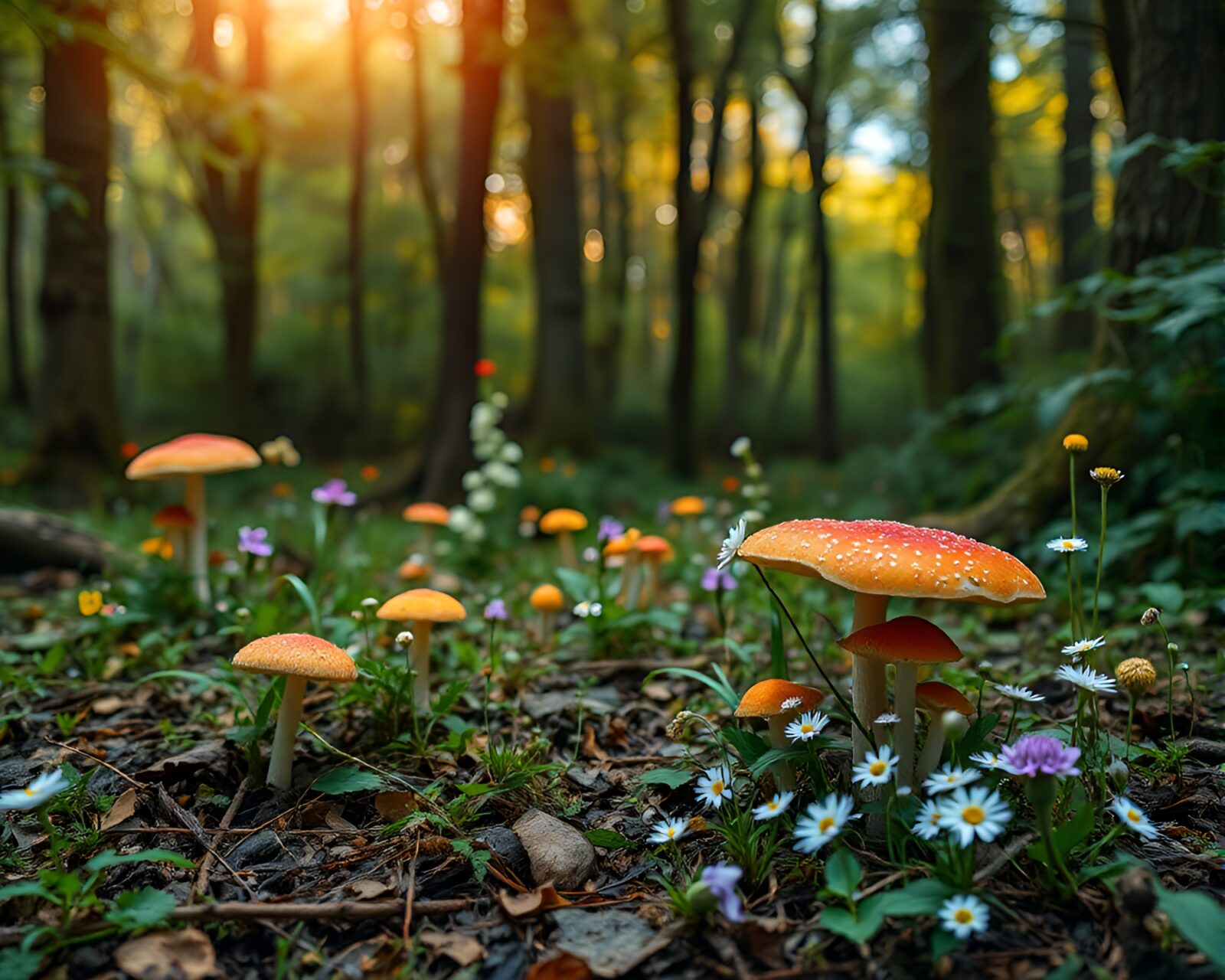 Tranquil forest scene with mushrooms and wildflowers under soft sunlight