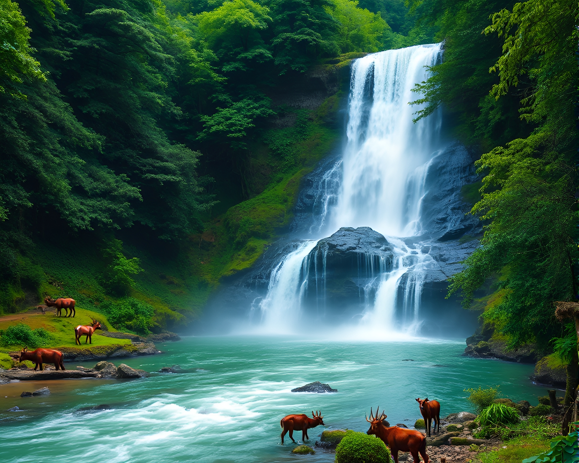 Majestic Nature Landscape with Waterfall and Wildlife – free AI stock image
