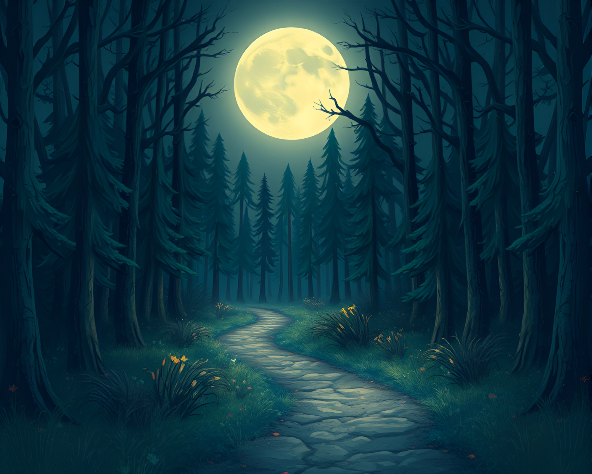 Enchanted Forest Path Through Moonlit Night – free AI stock image