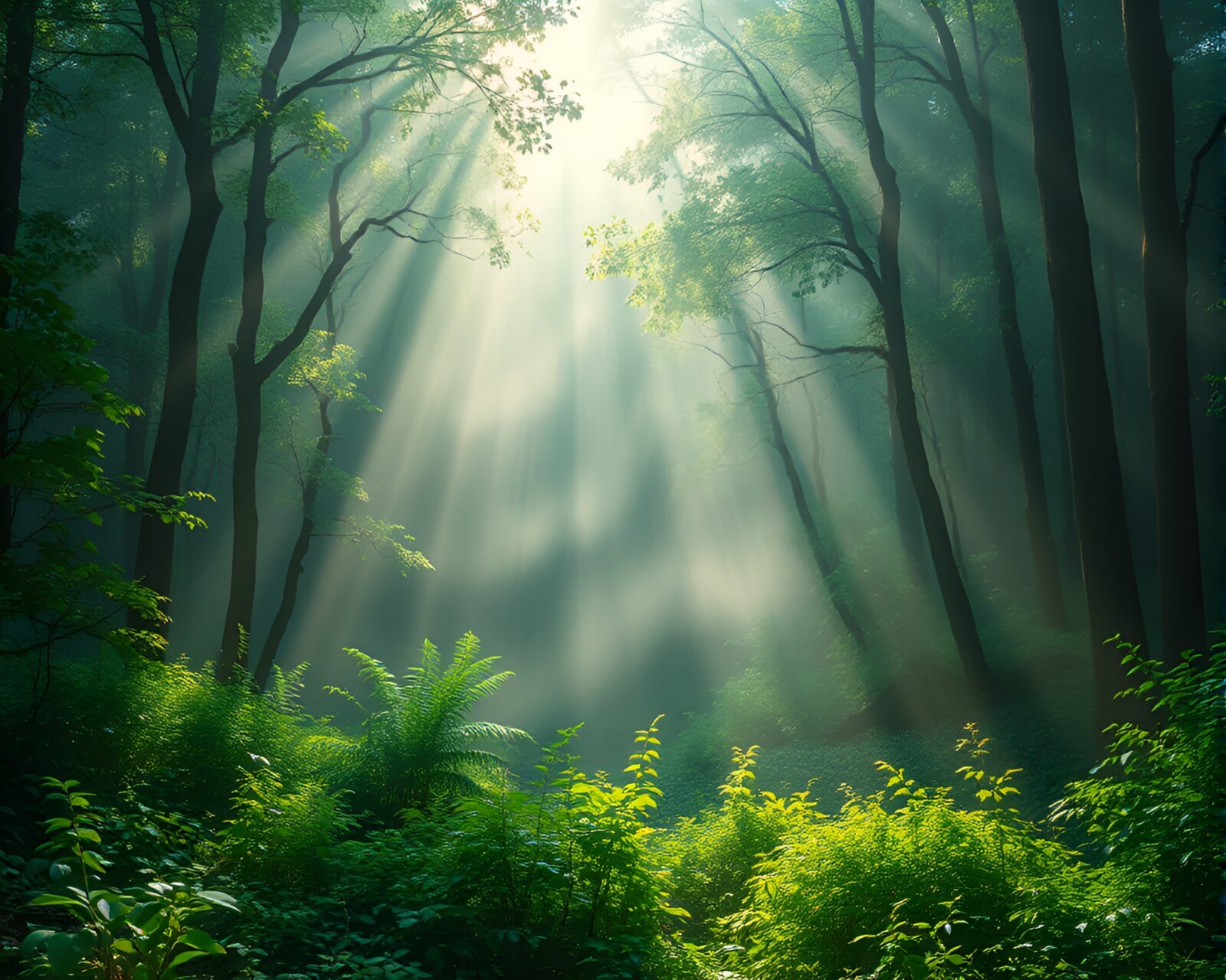 Sunlight filtering through mist in magical forest clearing