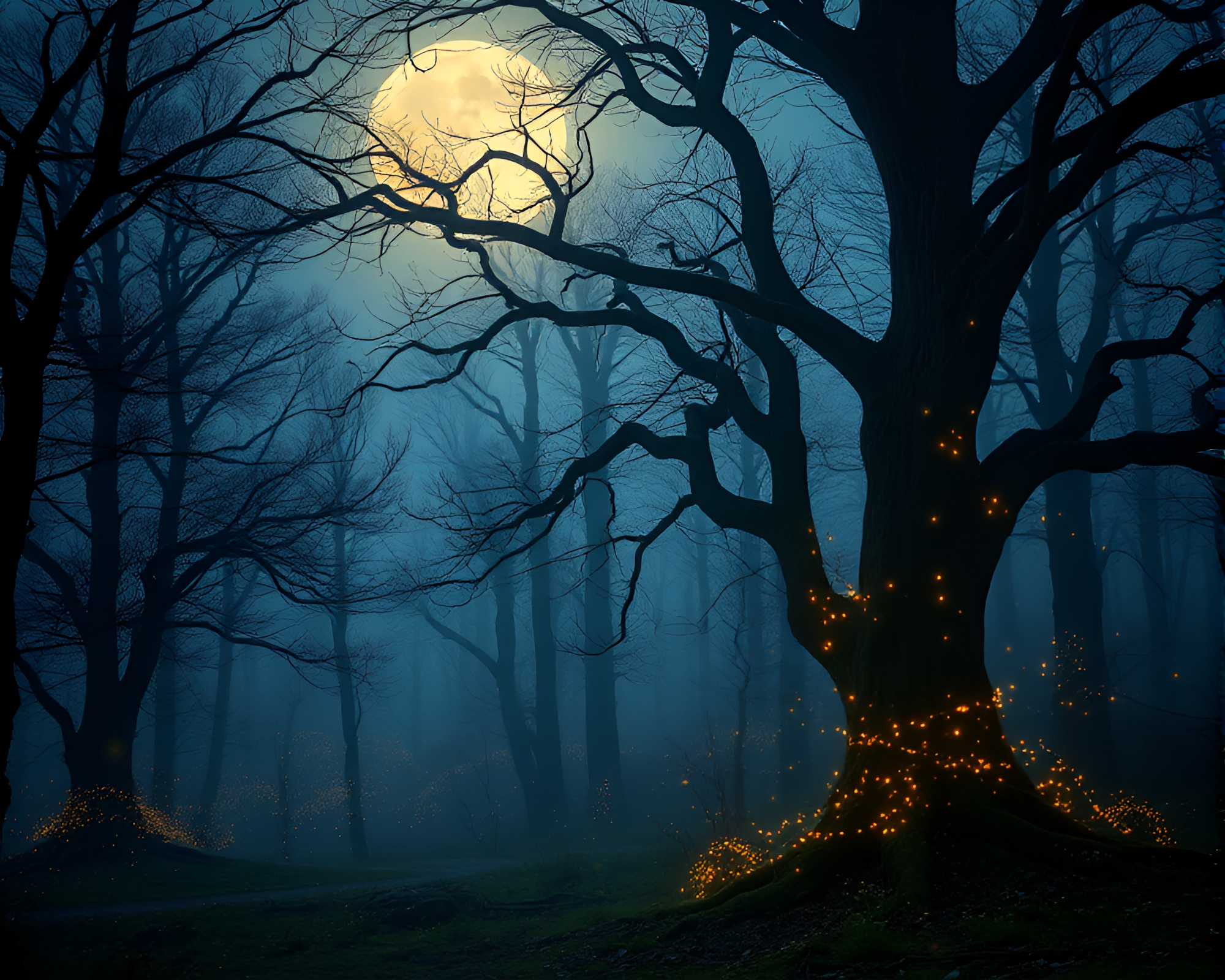 Enchanting Forest Twilight with Ethereal Moonlight Illumination – free AI stock image