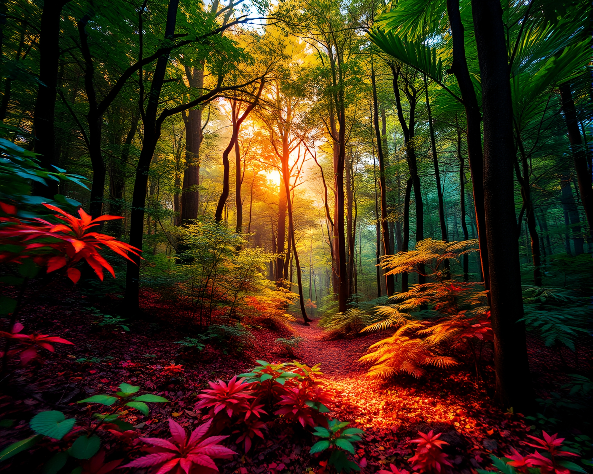 Vibrant Forest Reflecting Tranquility in Watercolor Style – free AI stock image