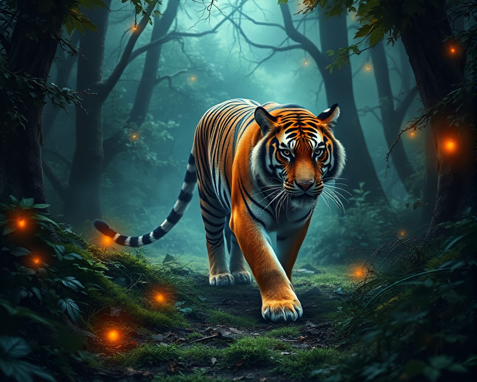 Beautiful majestic tiger walking in lush green forest scenery